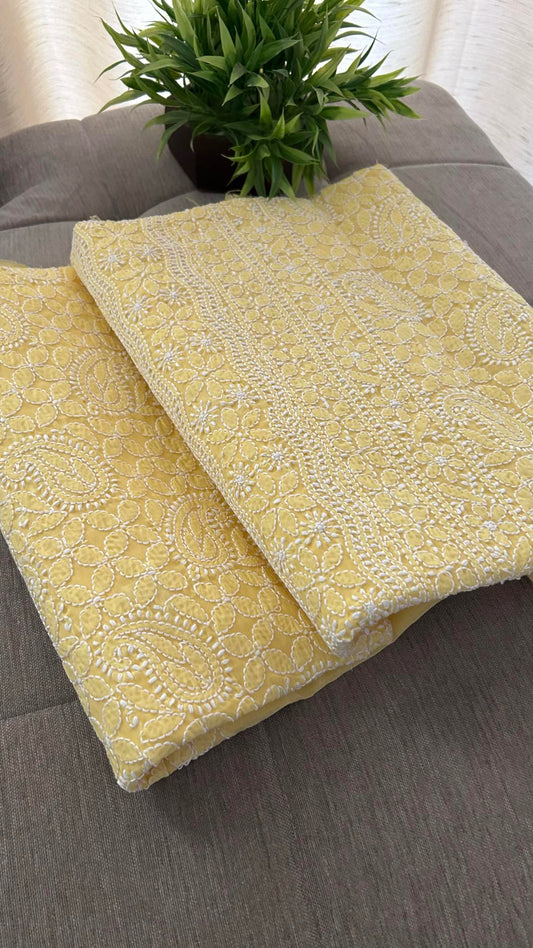 Yellow Cotton Chikankari Kurti Fabric (Kurti Fabric)