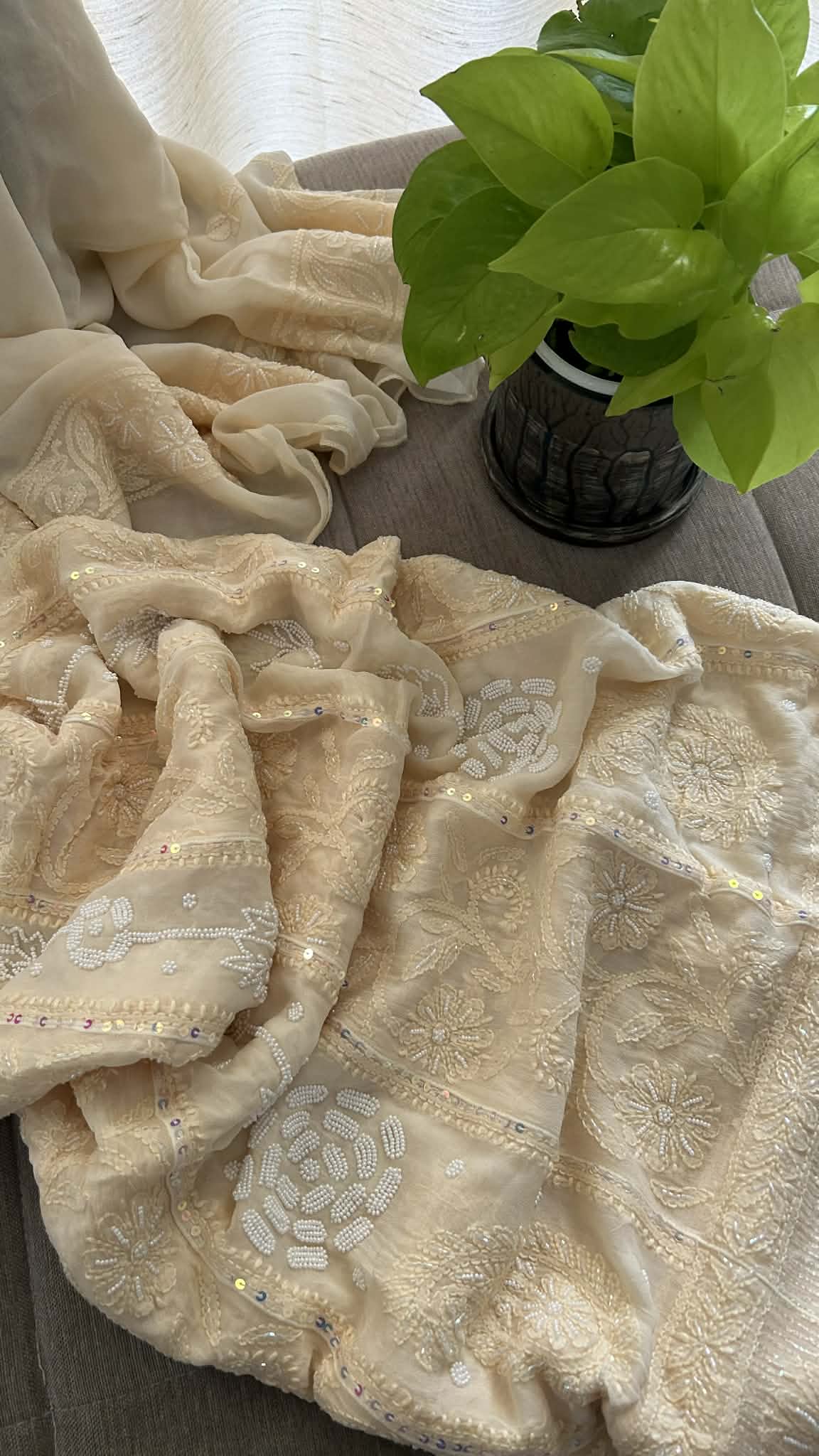 Beige Pearl Chikankari Anarkali Suit