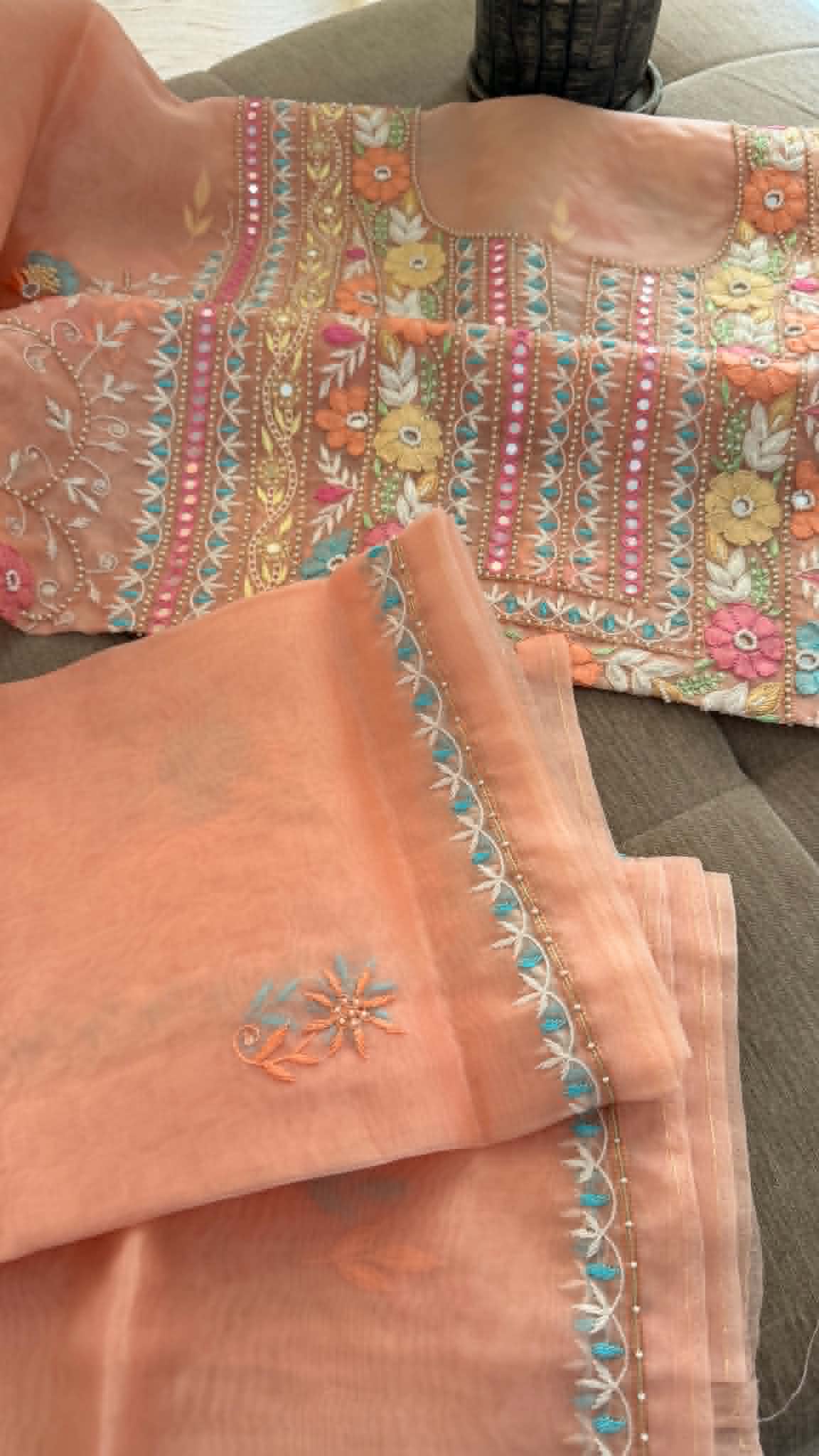 Luxury Pearl Handcrafted Organza Chikankari Suit- Peach