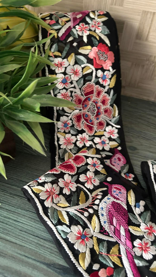 Exclusive Black Parsi Gara Hand Embroidered Border