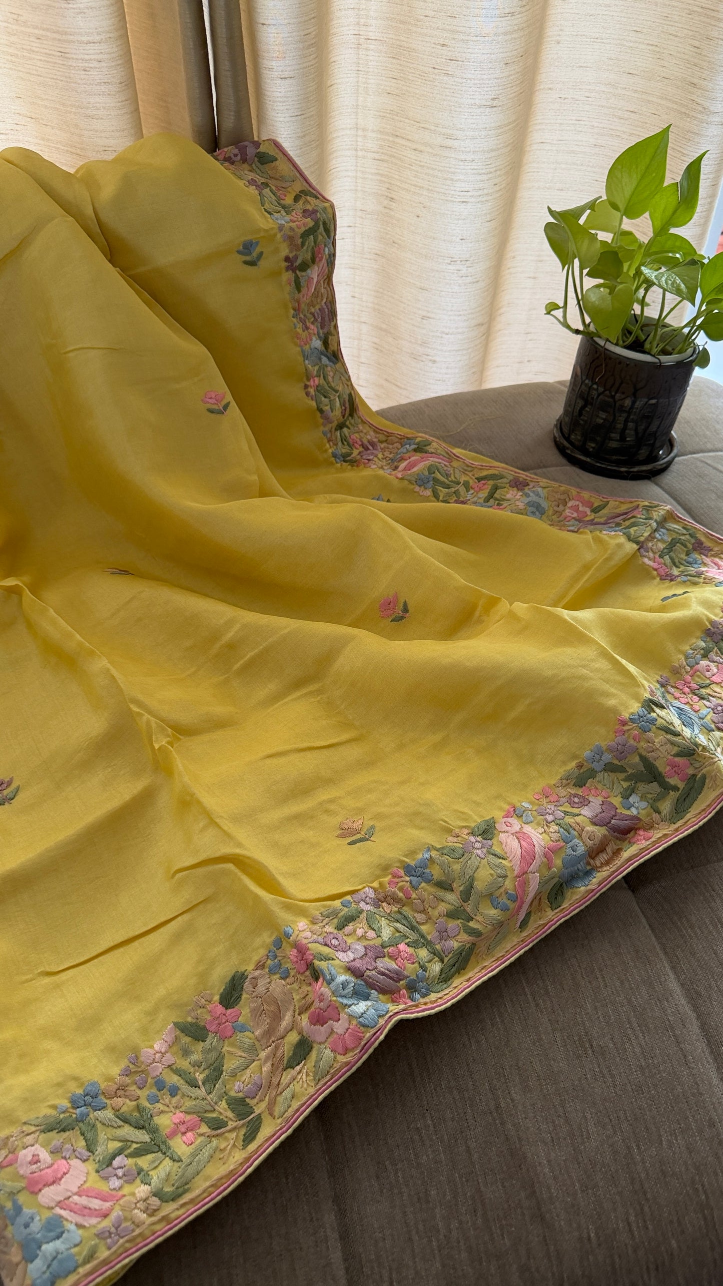 Designer Yellow Tussar Silk Parsi Gara Saree for Women