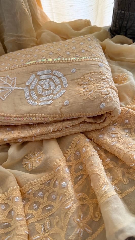 Beige Pearl Chikankari Anarkali Suit