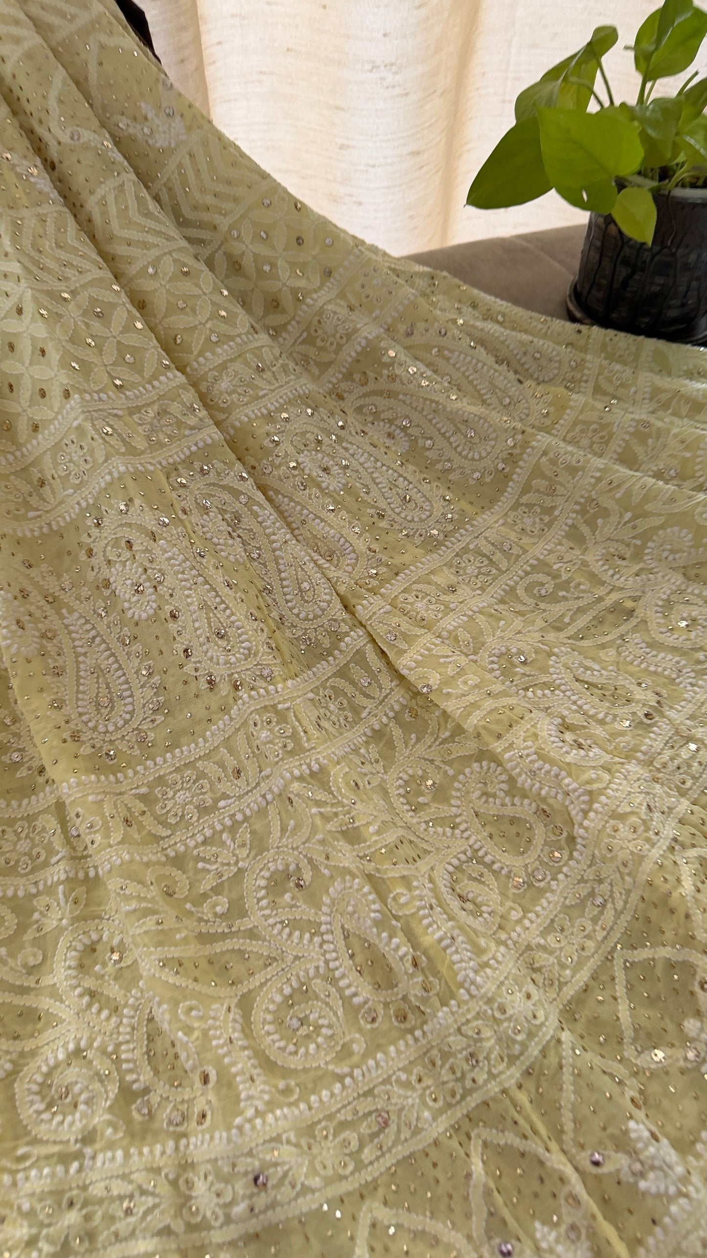 Lemon Yellow Mukaish Chikankari Lehenga Set