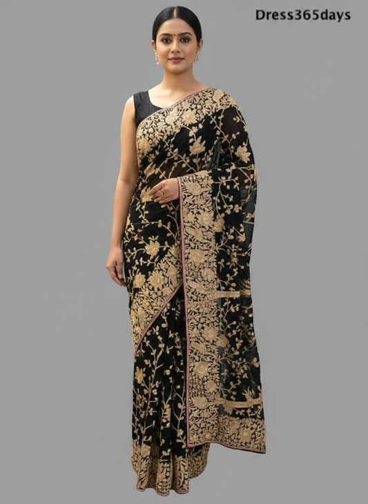 Pre Order Black and Gold Hand Embroidered Parsi Gara Saree