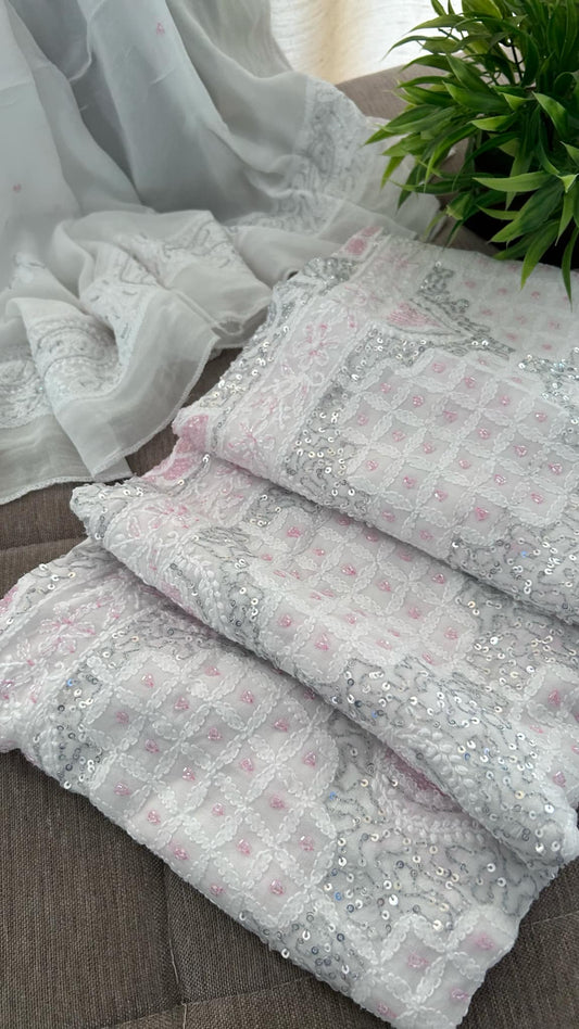 Designer Cut Dana Chikankari Kurta Dupatta Set