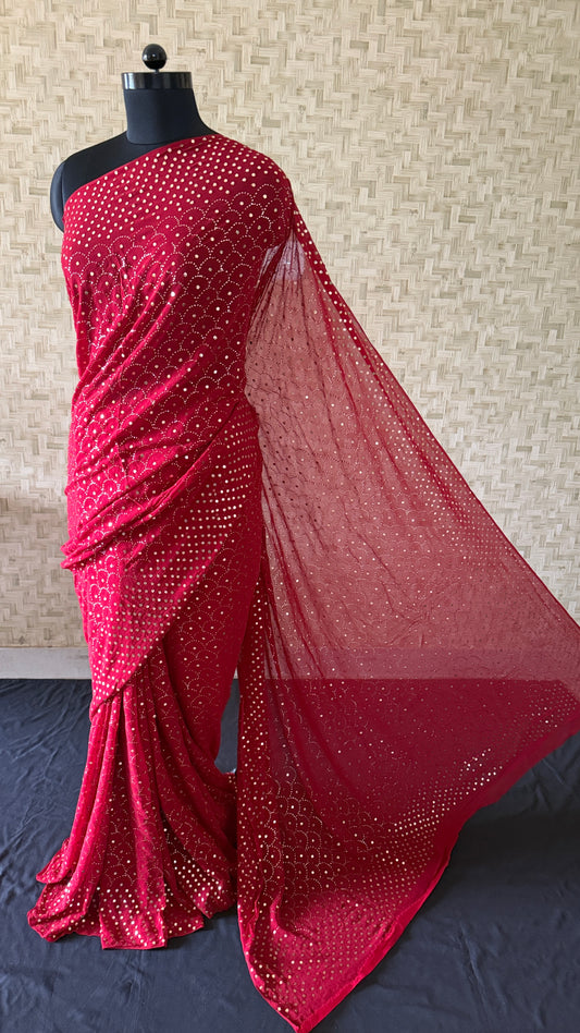 Red Mukaish Party Wear Saree for Women