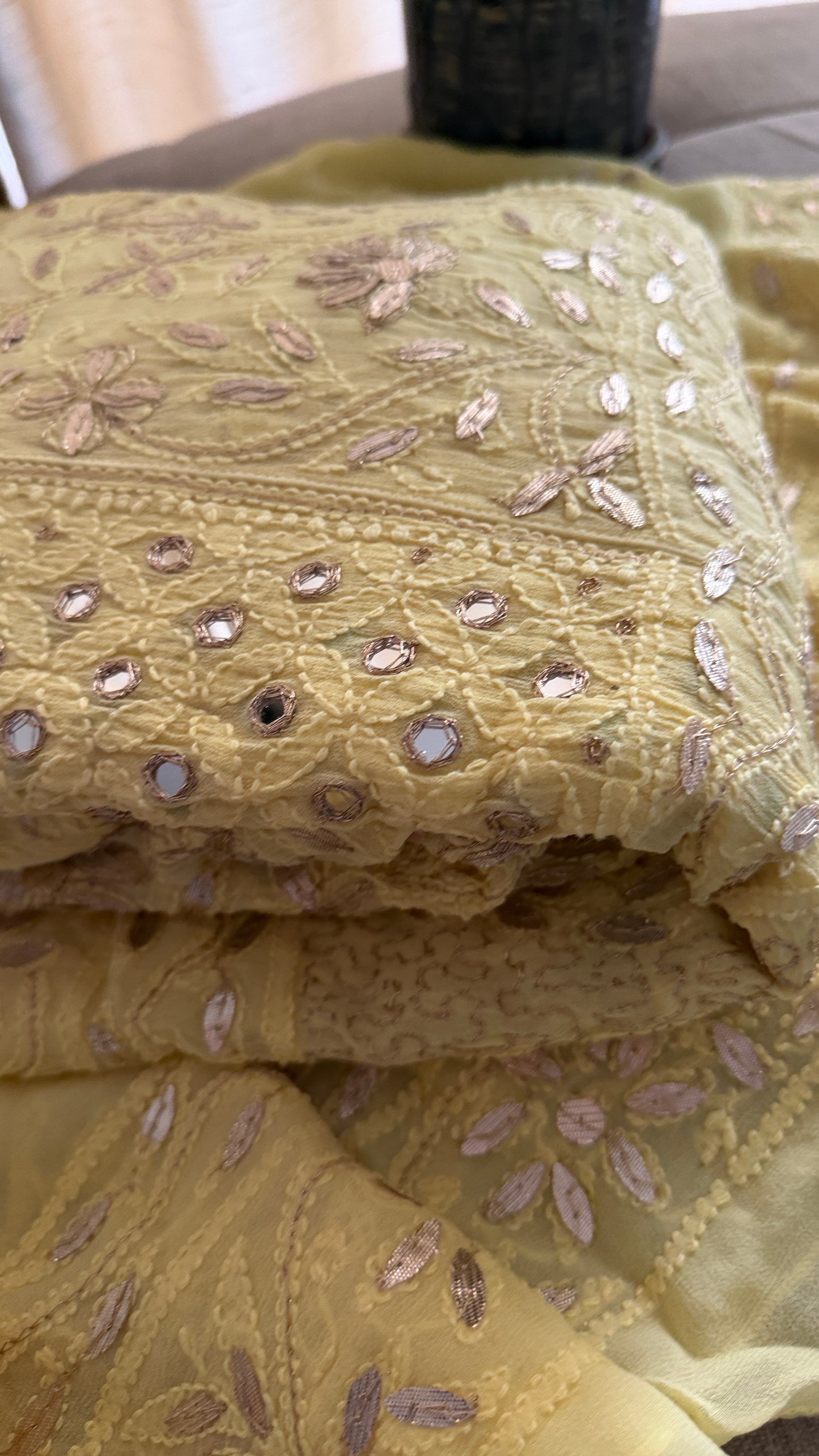 Yellow Mirror Gota Patti Chikankari Anarkali Suit