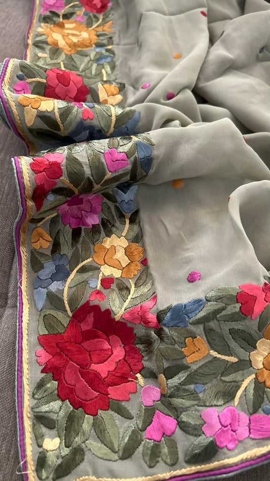 Designer Sage Green Parsi Gara Dupatta