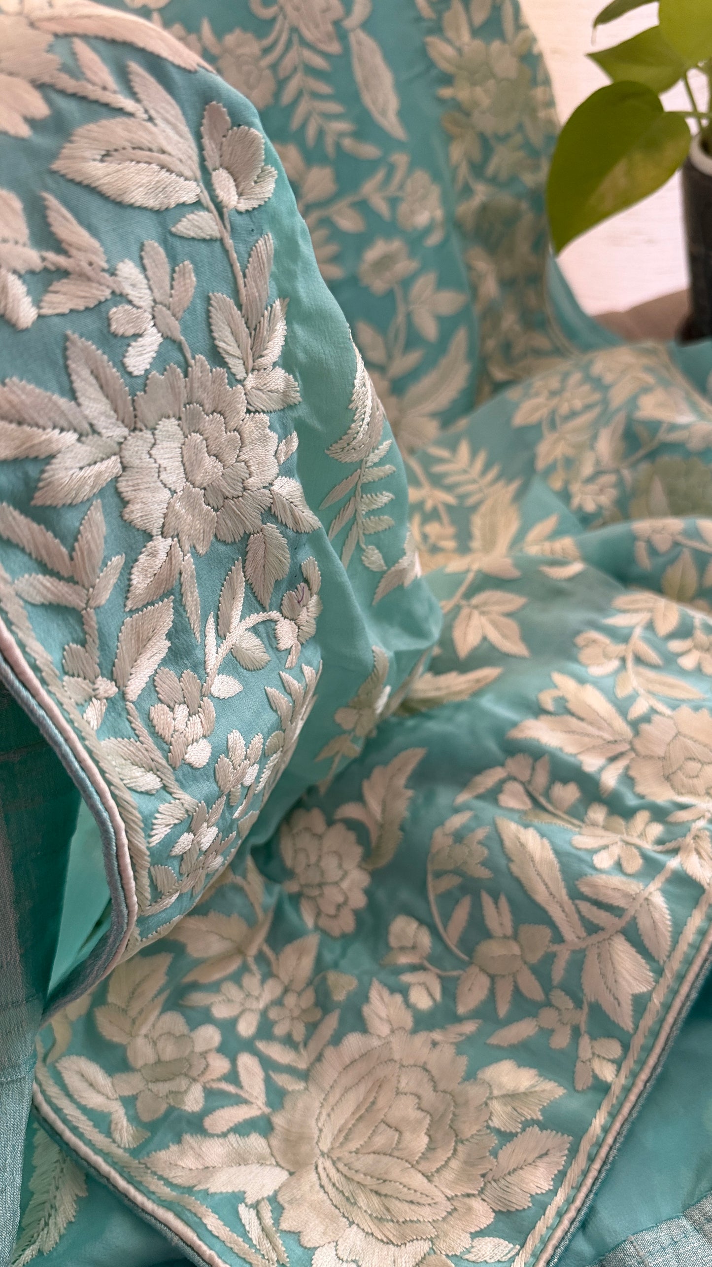 Aqua Green Crepe Silk Parsi Gara Saree