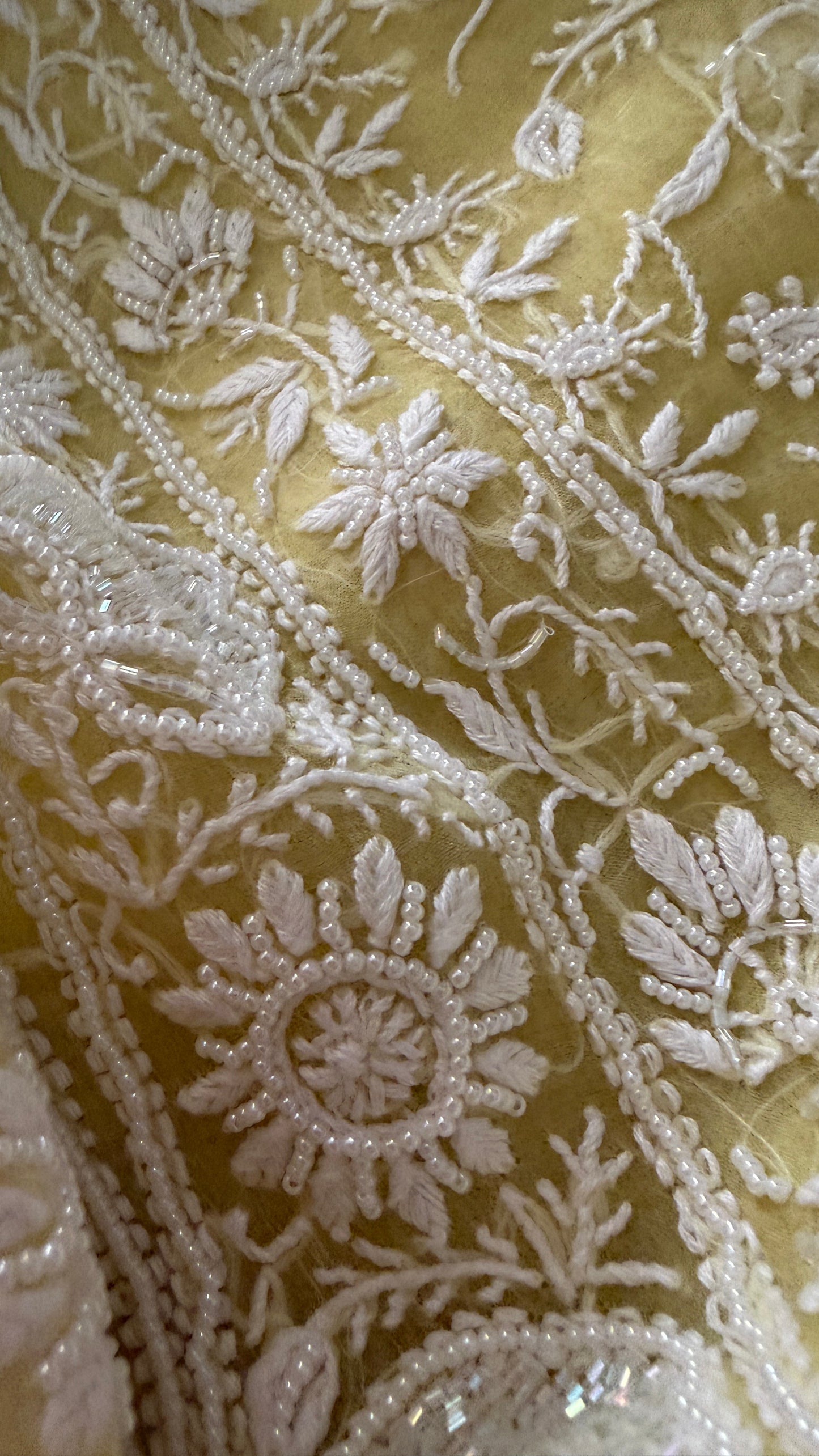 Designer Yellow Organza Cut Dana Pearl Chikankari Suit