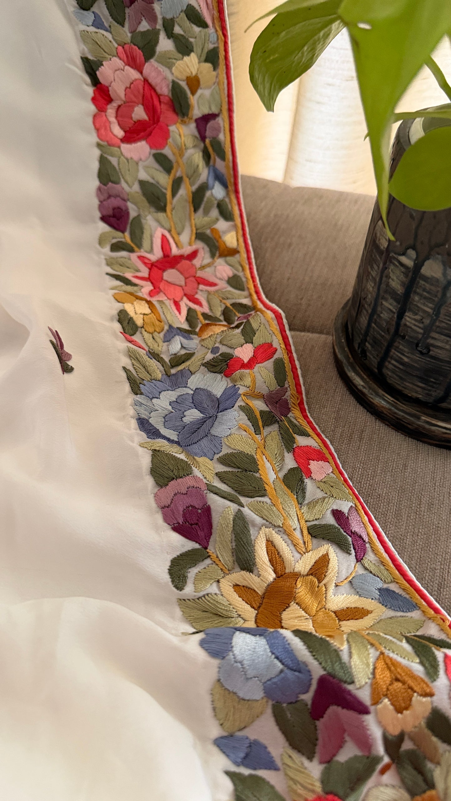 Designer Ivory White Crepe Silk Parsi Gara Saree
