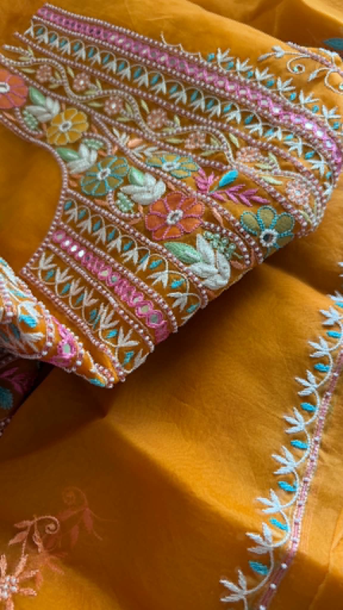 Luxury Pearl Handcrafted Organza Chikankari Suit- Rust
