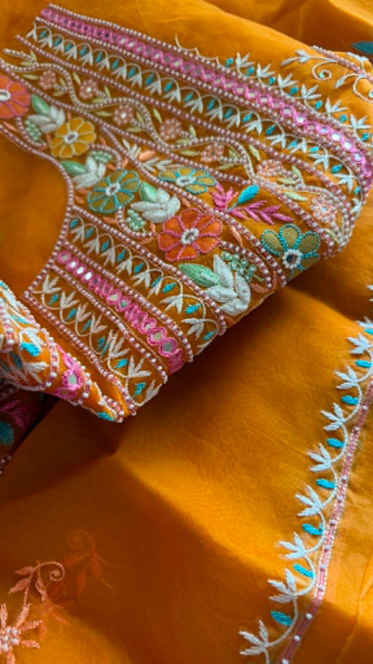 Luxury Pearl Handcrafted Organza Chikankari Suit- Rust
