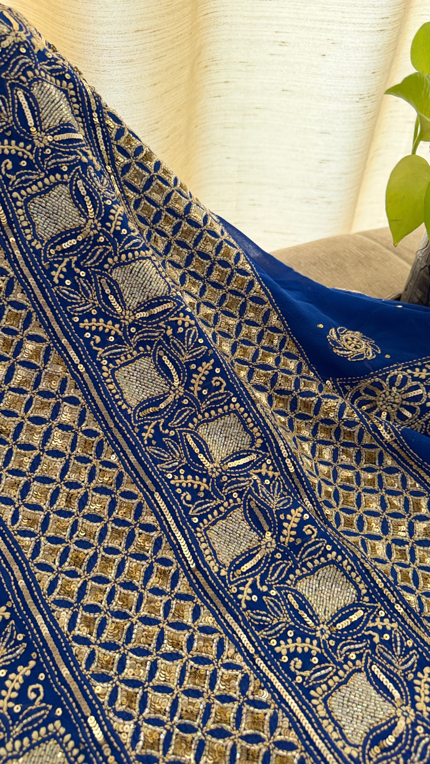 Masterpiece Royal Blue Gold Lucknawi Chikankari Suit (Kurta & Dupatta)