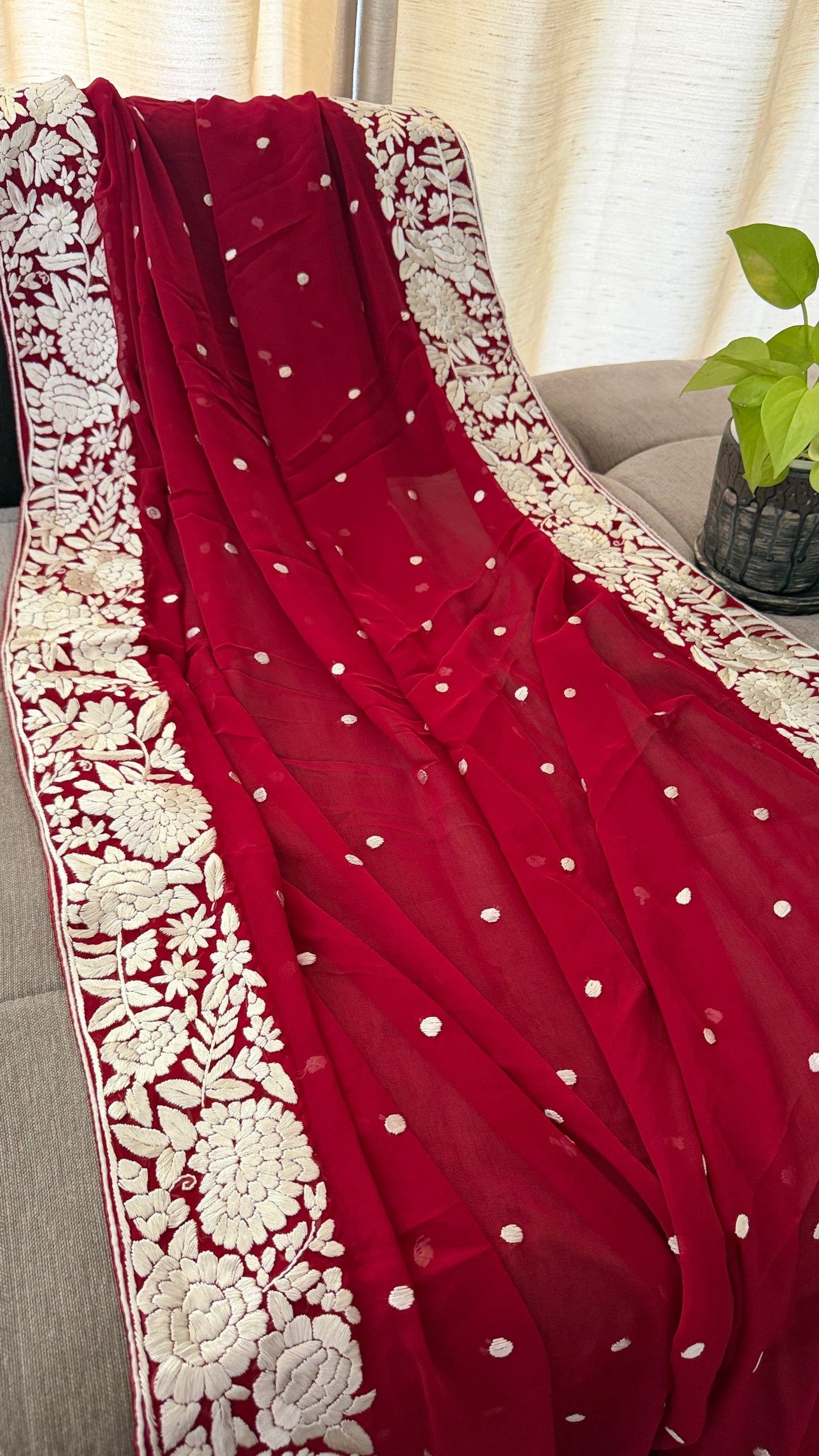 Artisanal Maroon Ivory Floral Parsi Gara Dupatta