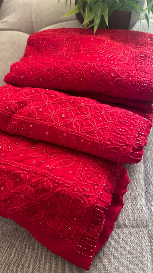 Maroonish Red Party Wear Cut Dana Chikankari Kurta Dupatta Set
