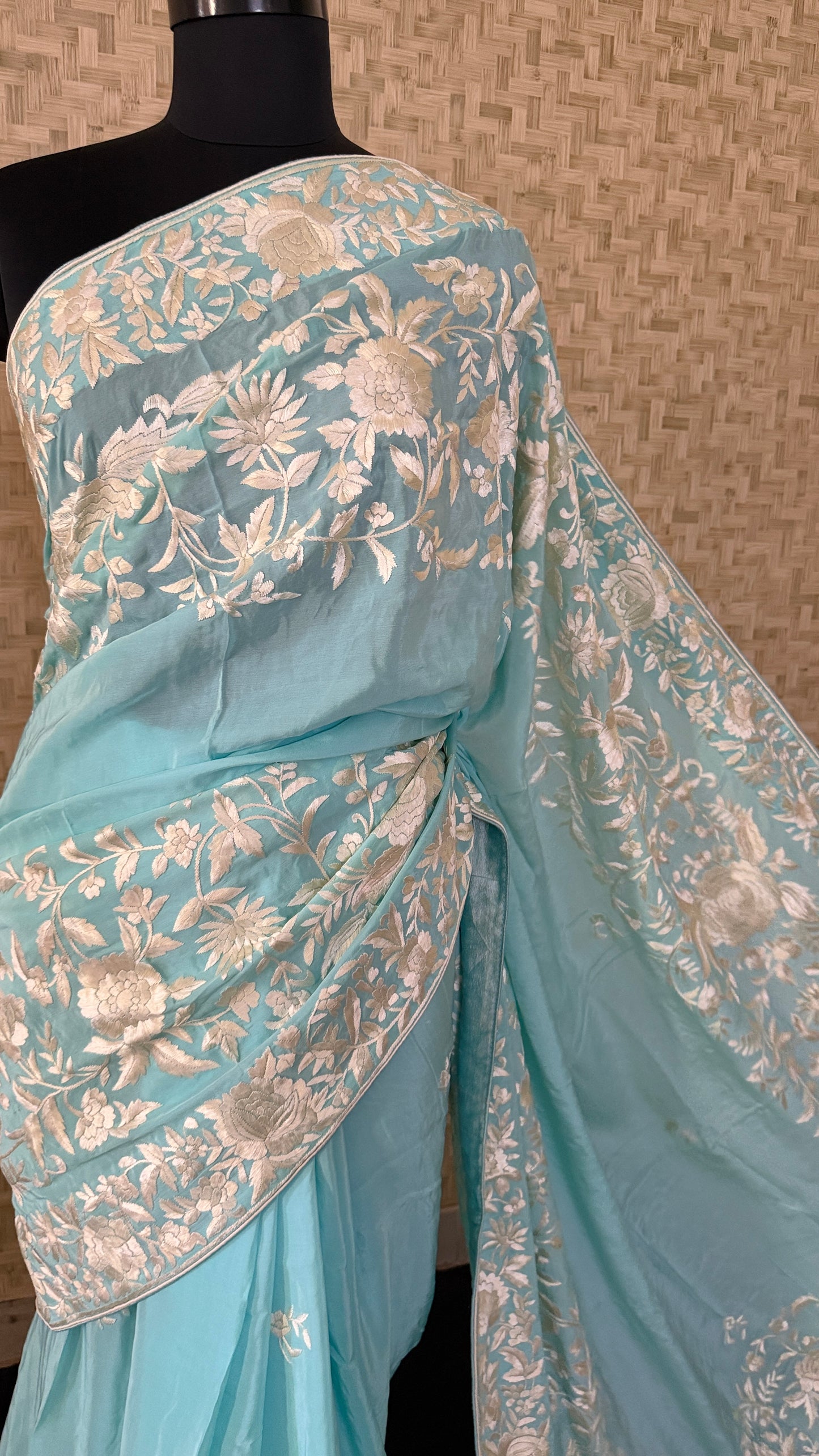 Aqua Green Crepe Silk Parsi Gara Saree