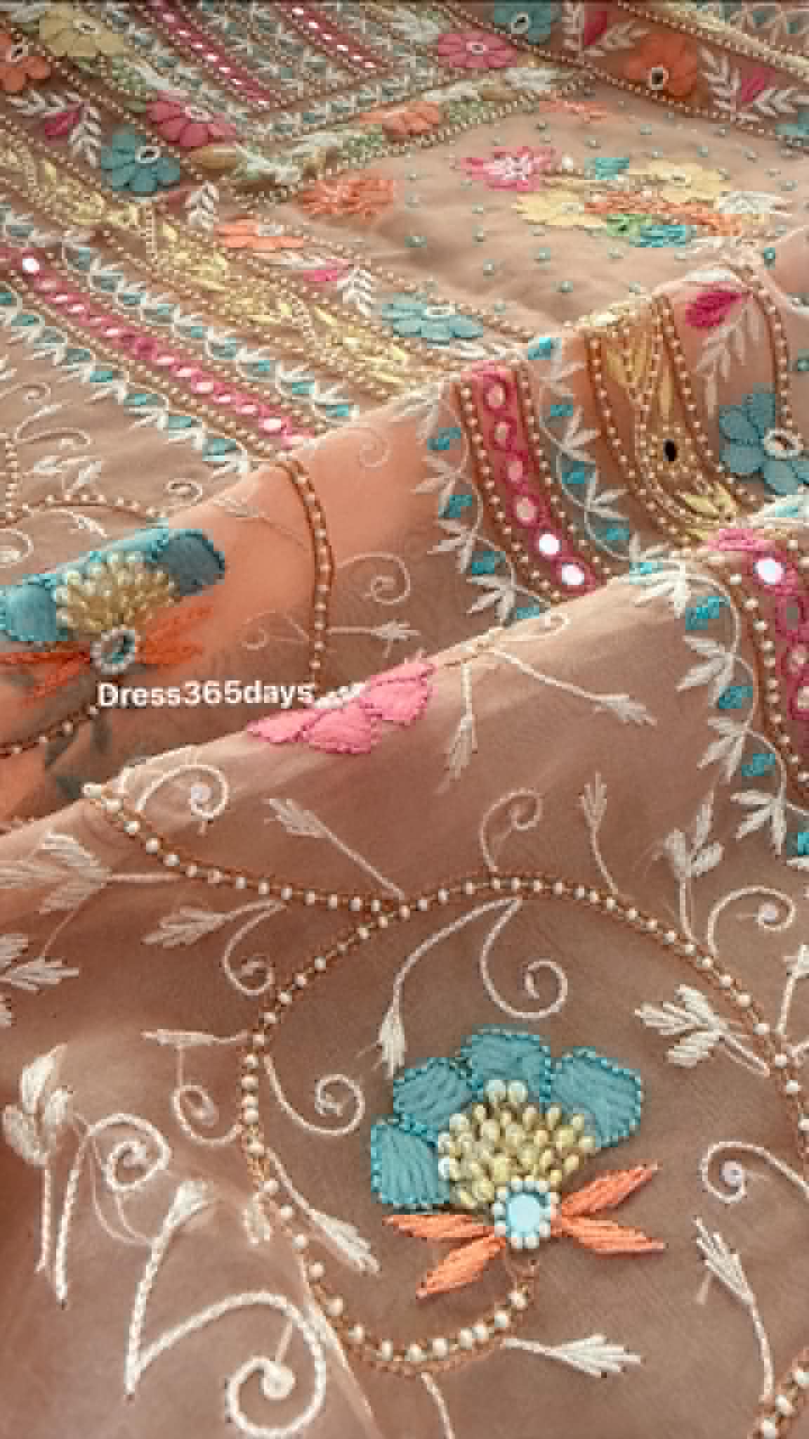 Luxury Pearl Handcrafted Organza Chikankari Suit- Peach