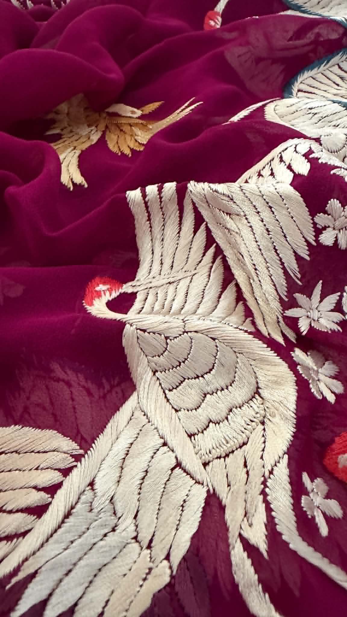 Designer Burgundy Parsi Gara Dupatta