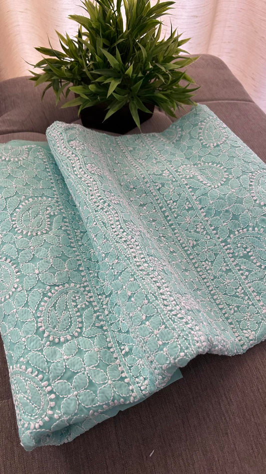 Green Cotton Chikankari Kurti Fabric (Kurti Fabric)