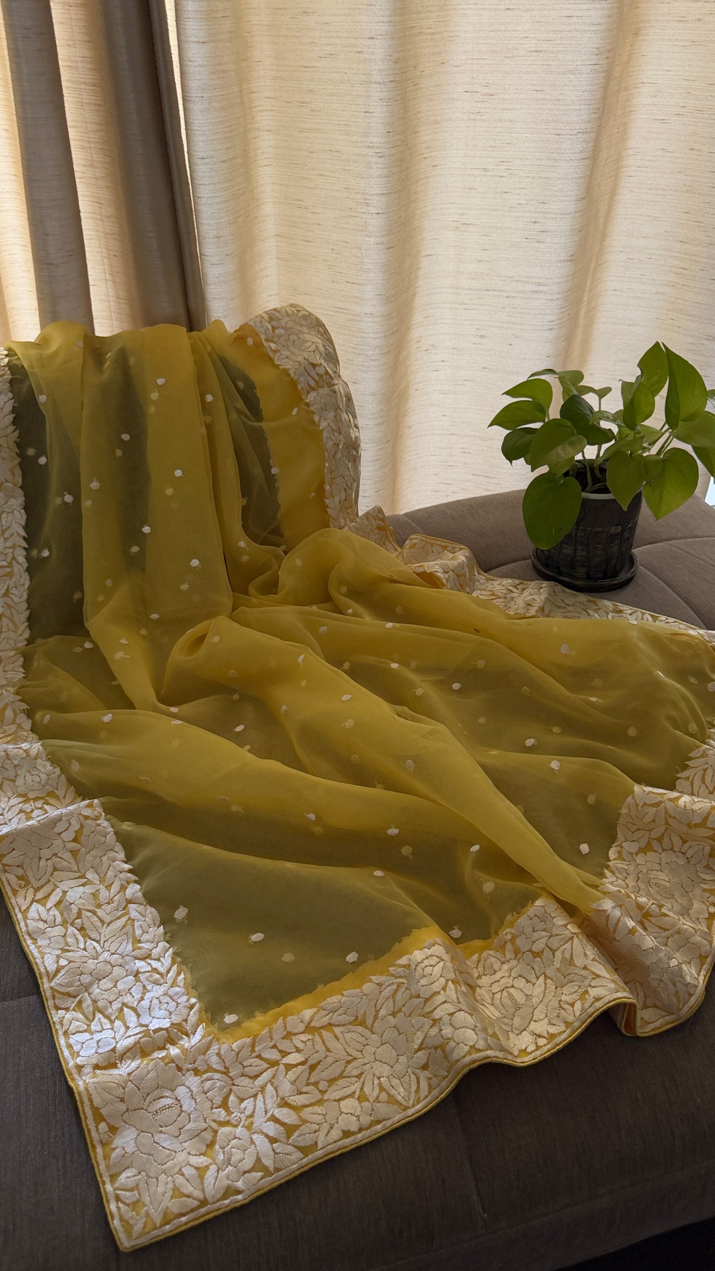 Exclusive Yellow Organza Parsi Gara Dupatta for Women