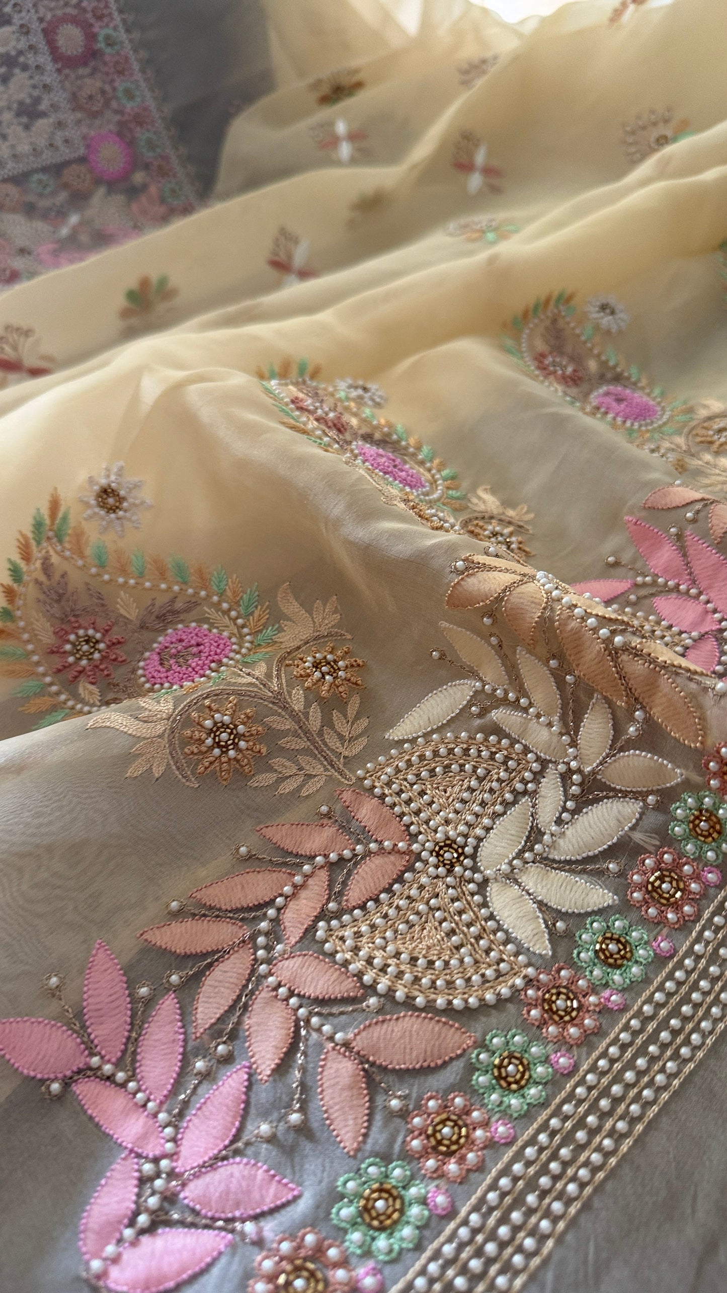 Exclusive Beige Organza Pearls Chikankari Suit