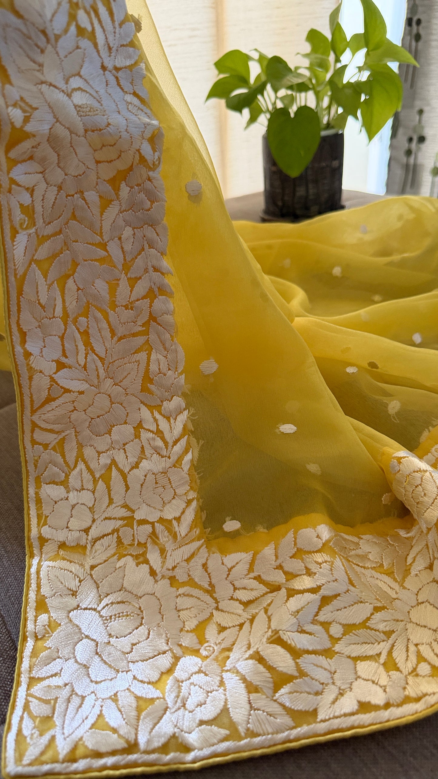 Exclusive Yellow Organza Parsi Gara Dupatta for Women