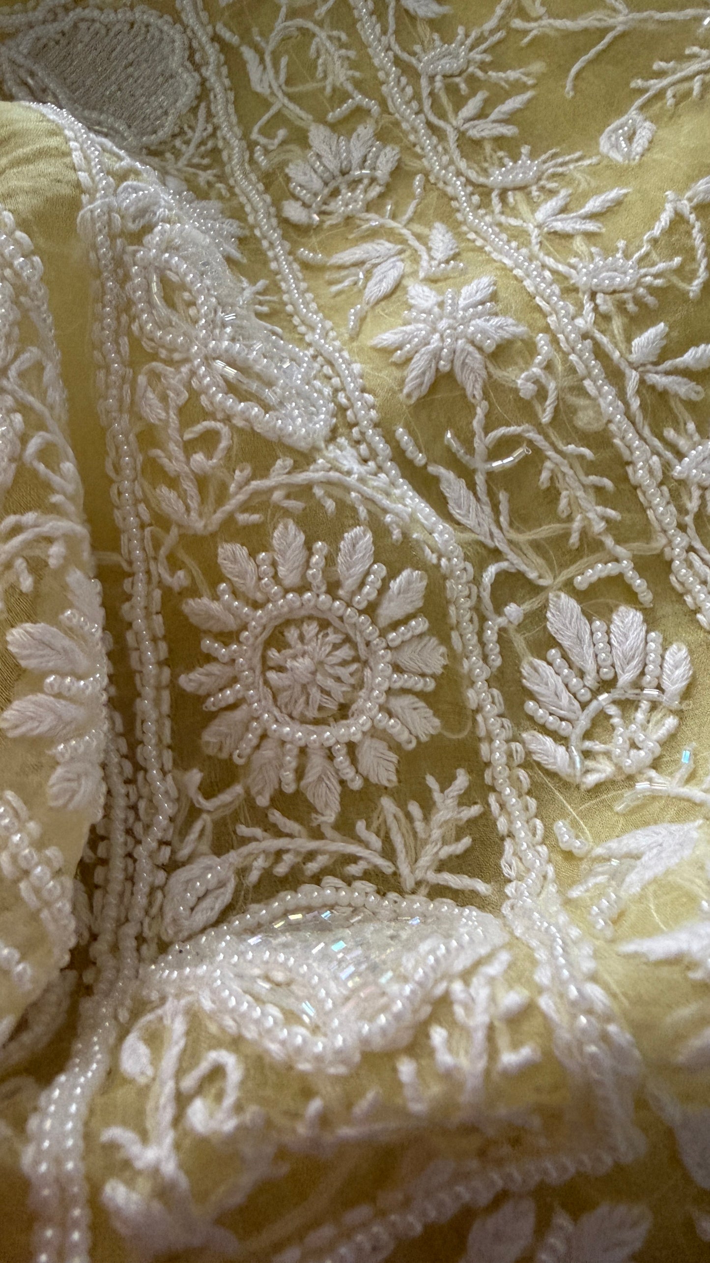 Designer Yellow Organza Cut Dana Pearl Chikankari Suit