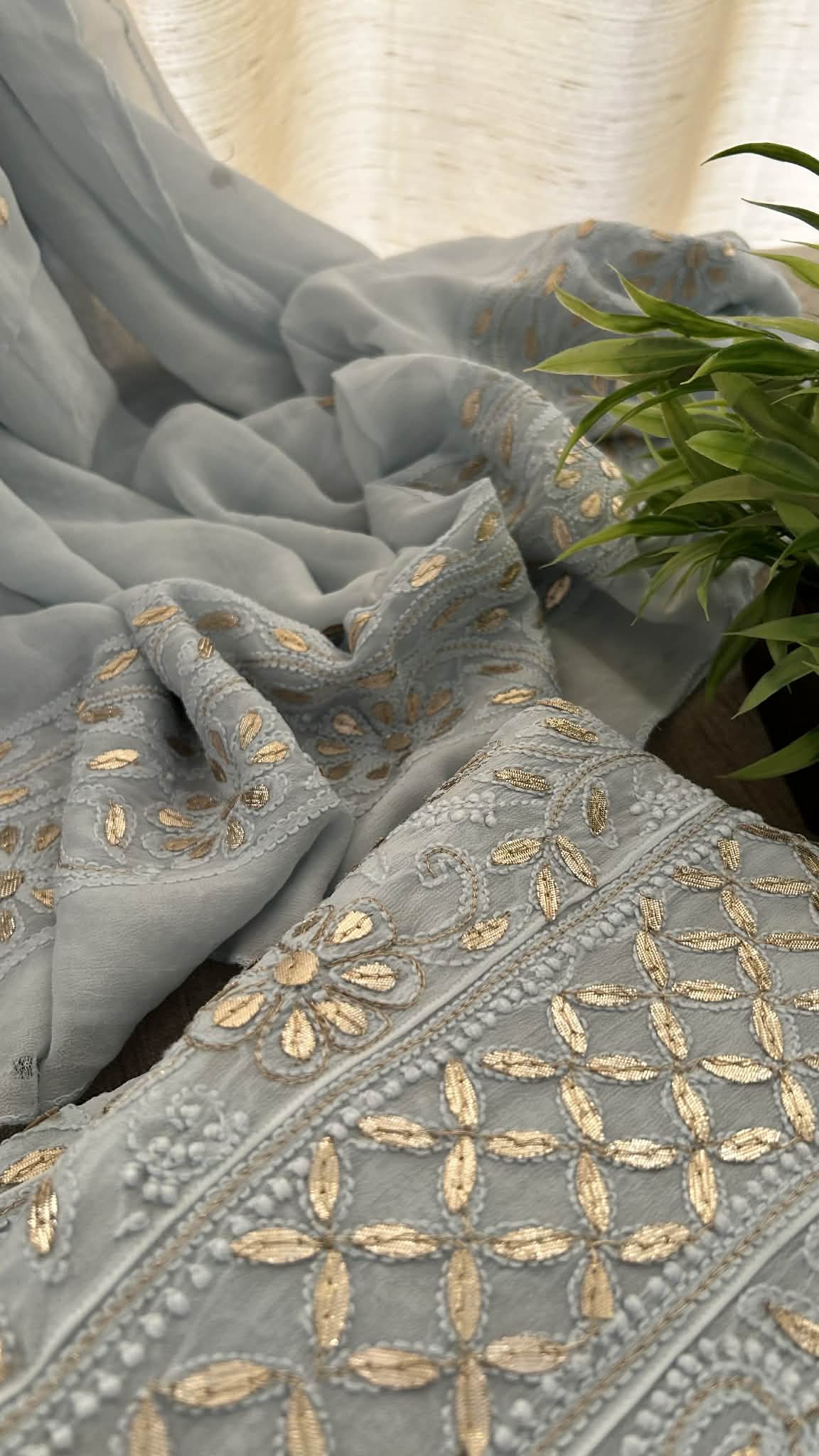 Greyish Blue Gota Patti Chikankari Anarkali Suit (Anarkali And Dupatta)