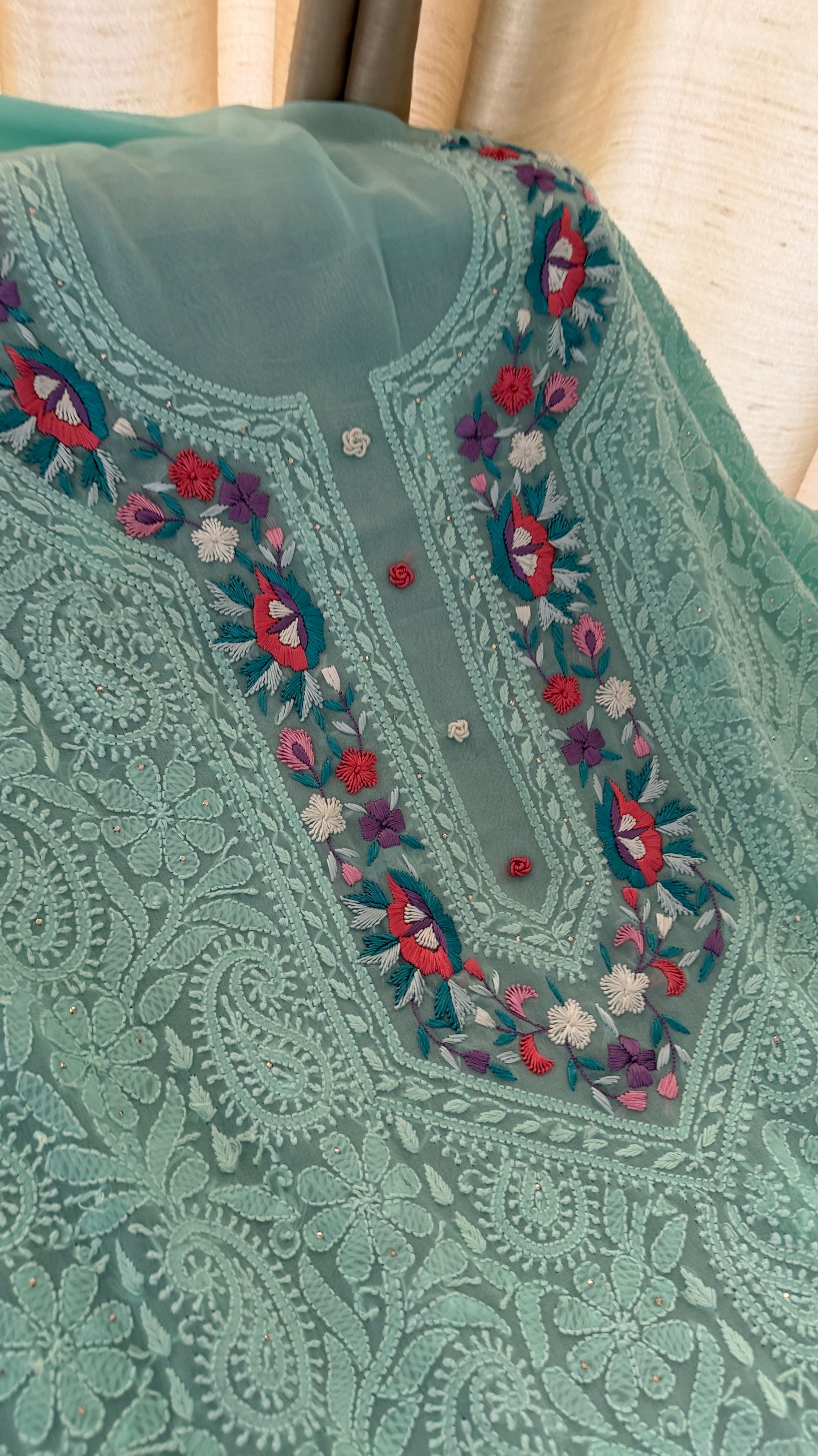 Sea Green Parsi Gara Chikankari Suit