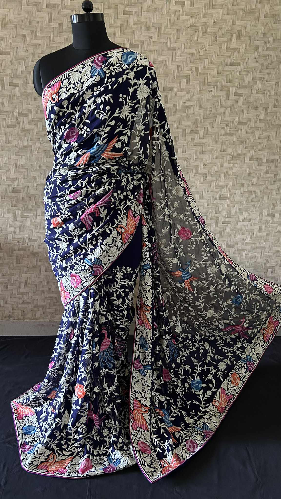 Designer Navy Multicolor Parsi Gara Saree