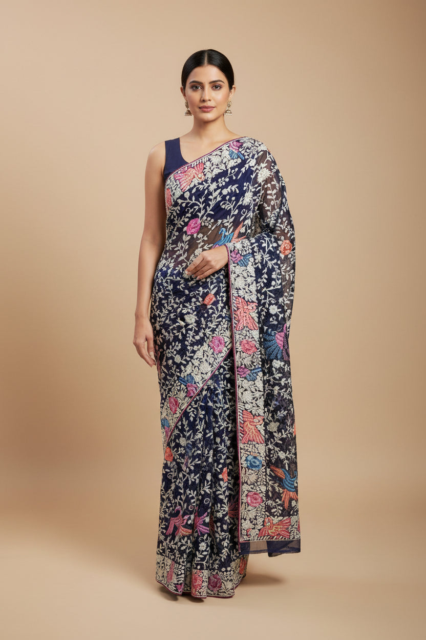 Designer Navy Multicolor Parsi Gara Saree