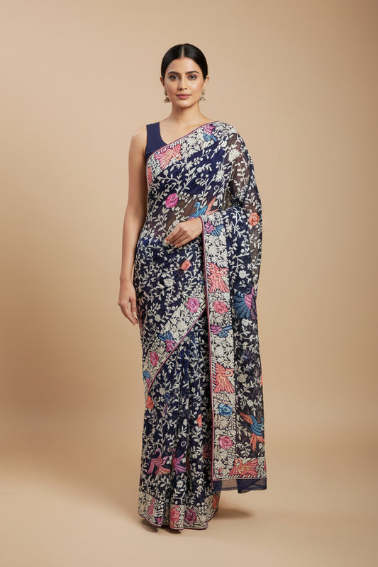 Designer Navy Multicolor Parsi Gara Saree