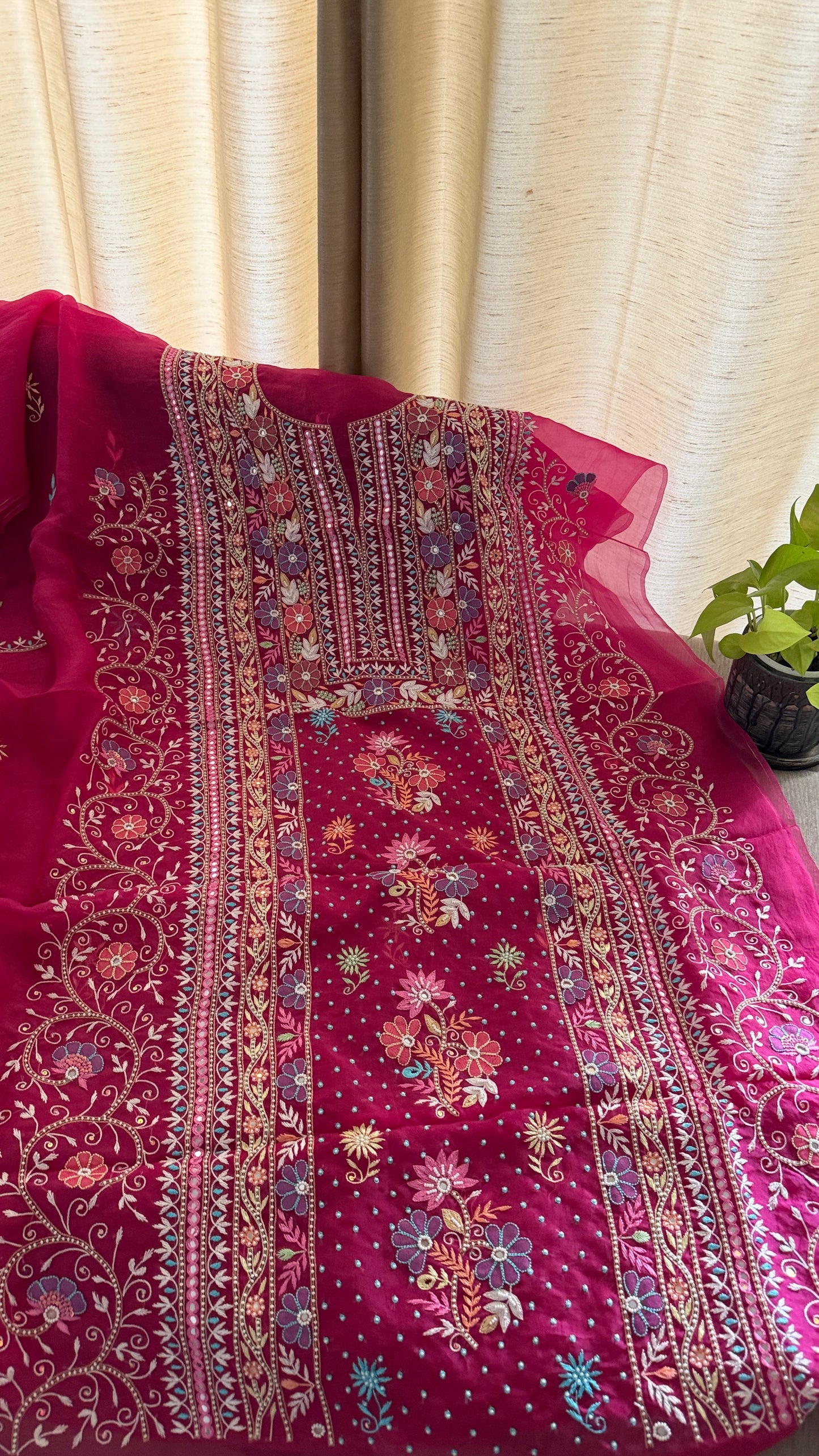 Luxury Pearl Handcrafted Organza Chikankari Suit- Magenta