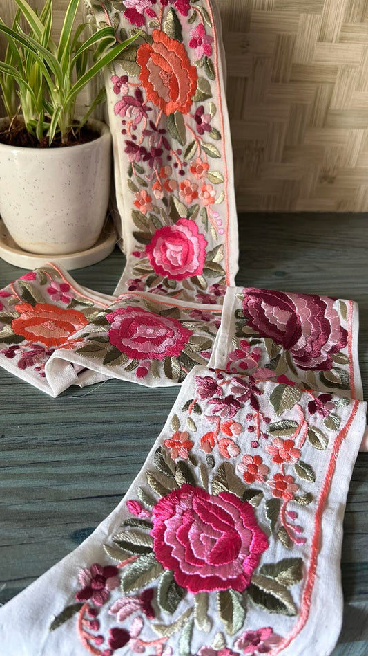 White & Multicolour Parsi Gara Hand Embroidered Border