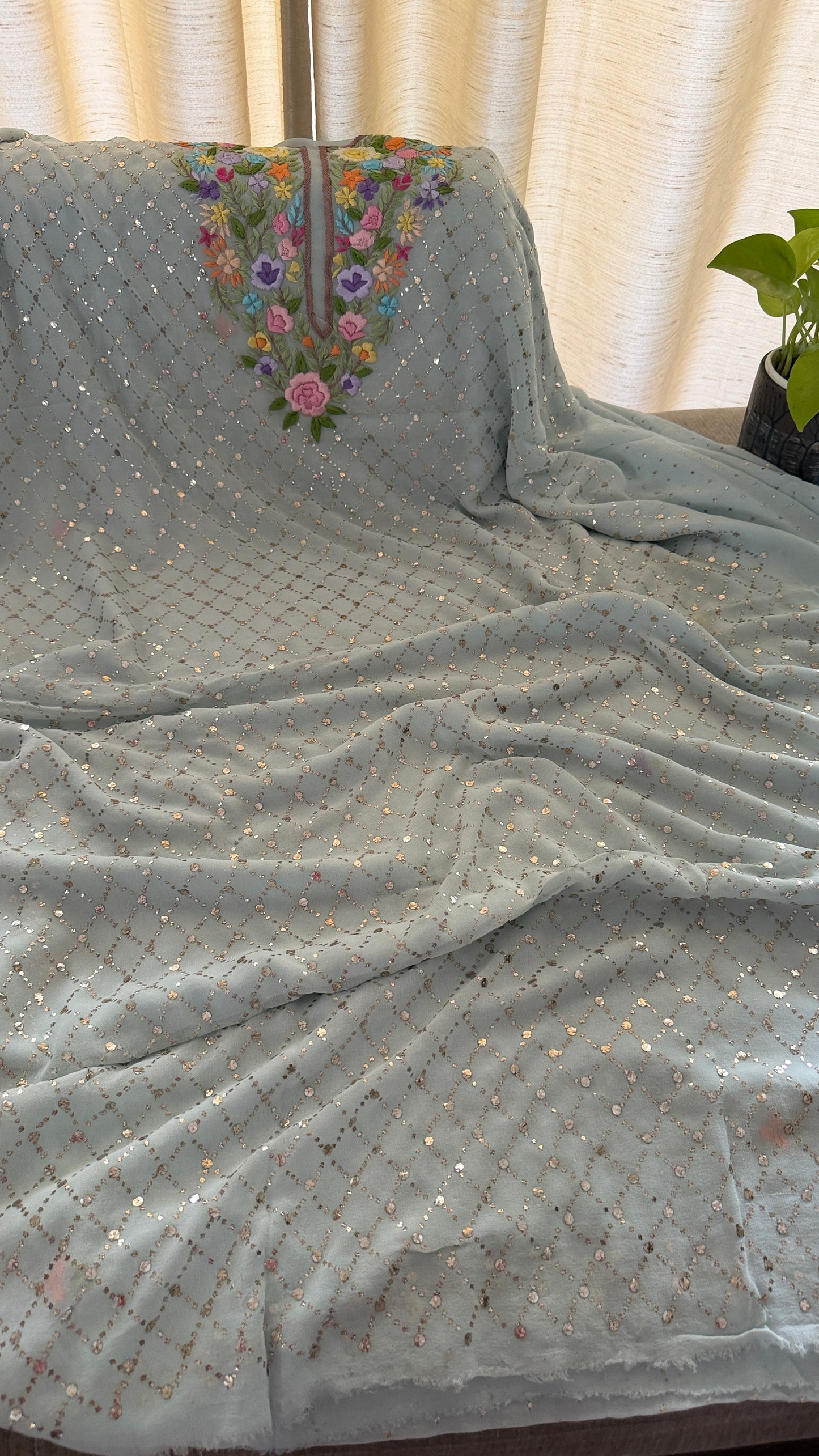 Powder Blue Multicolour Neckline Kamdani Suit