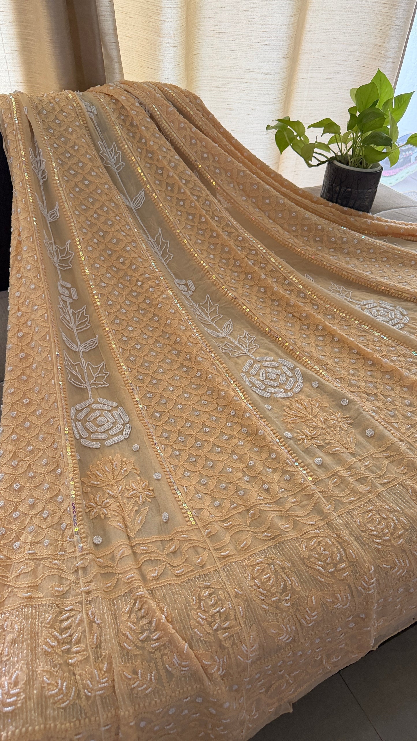 Beige Pearl Chikankari Anarkali Suit