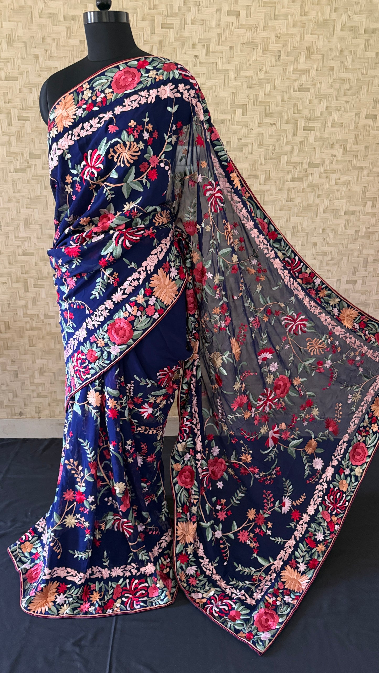 Navy Multicolour Floral Parsi Gara Saree