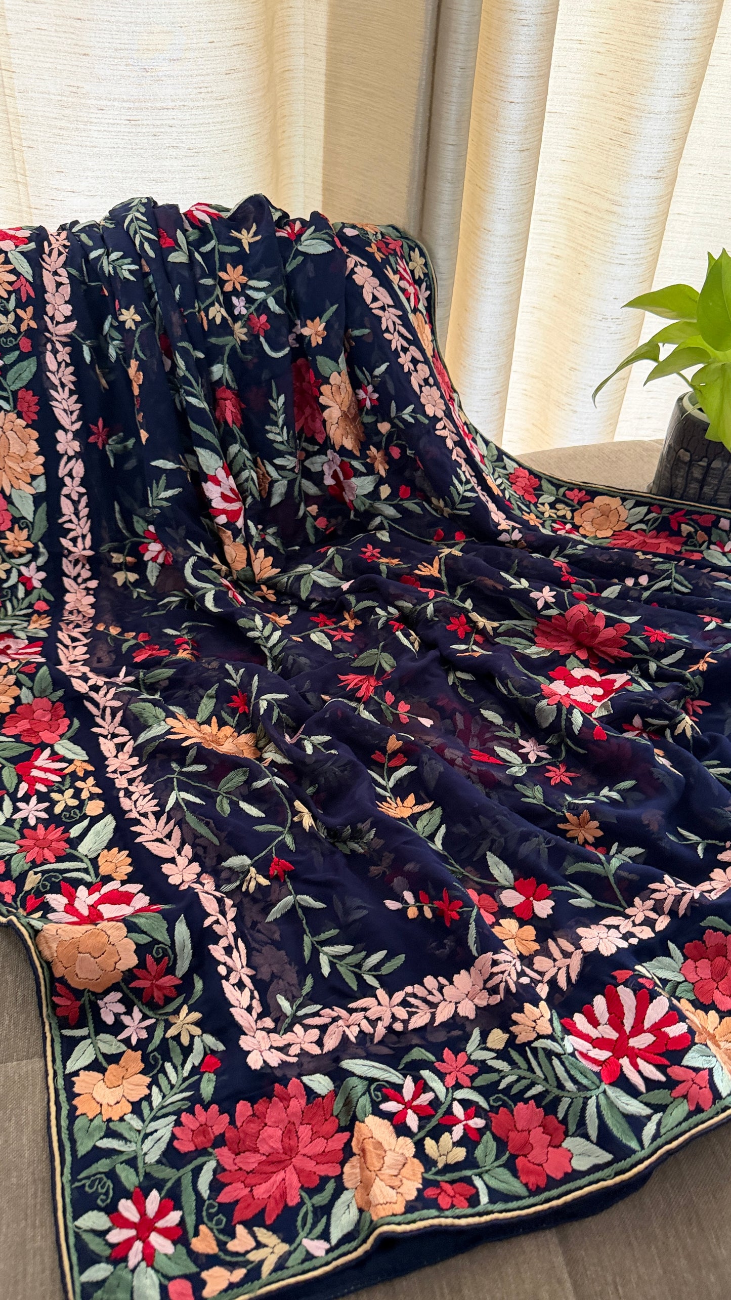 Heirloom Navy Floral Parsi Gara Dupatta