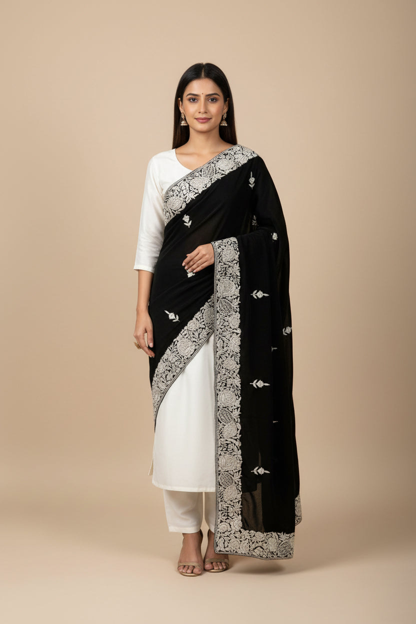Pre Order Black Ivory Pure Georgette Parsi Gara Dupatta