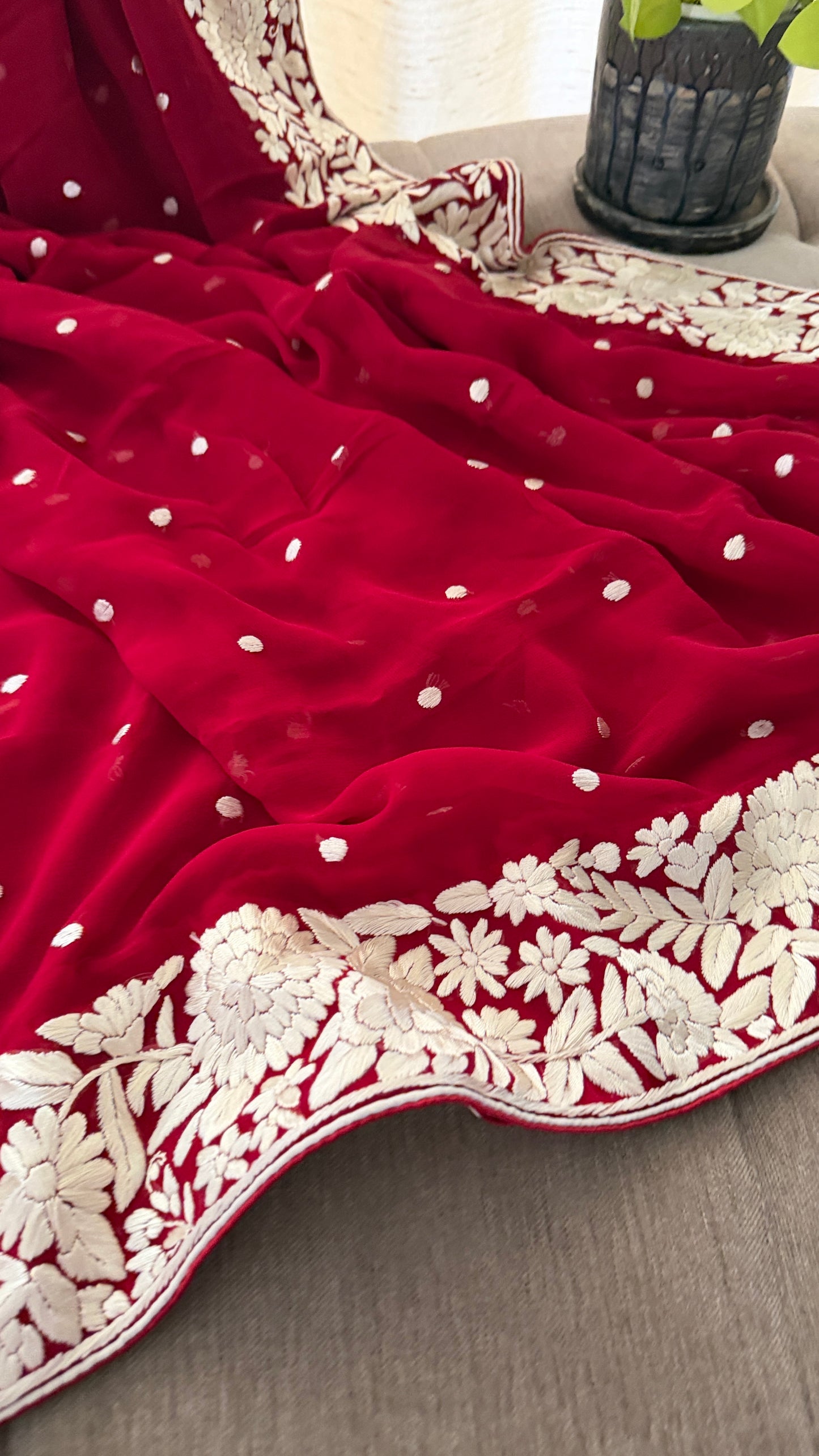 Artisanal Maroon Ivory Floral Parsi Gara Dupatta