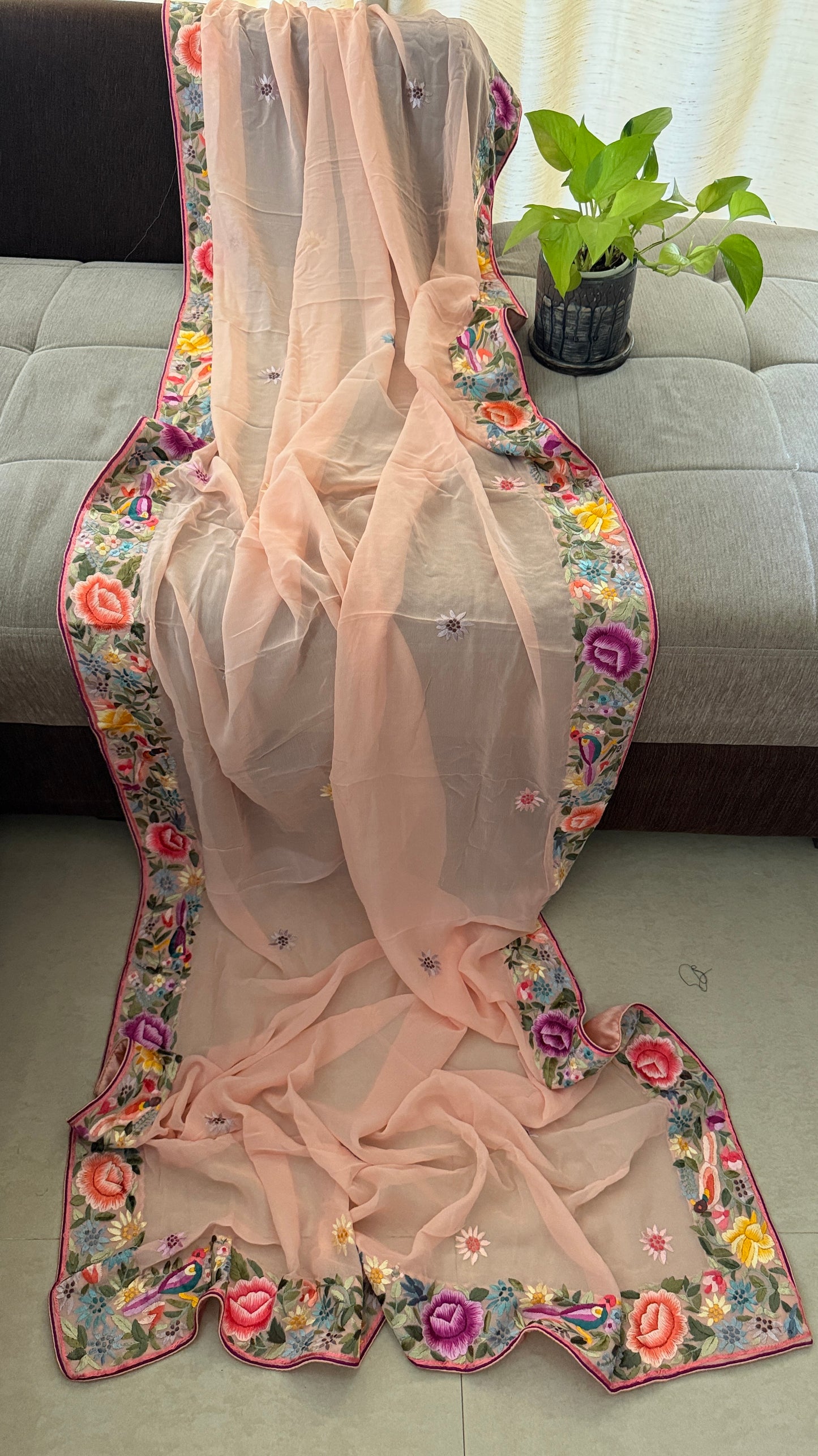 Peach Parsi Gara Hand Embroidered Lehenga Set