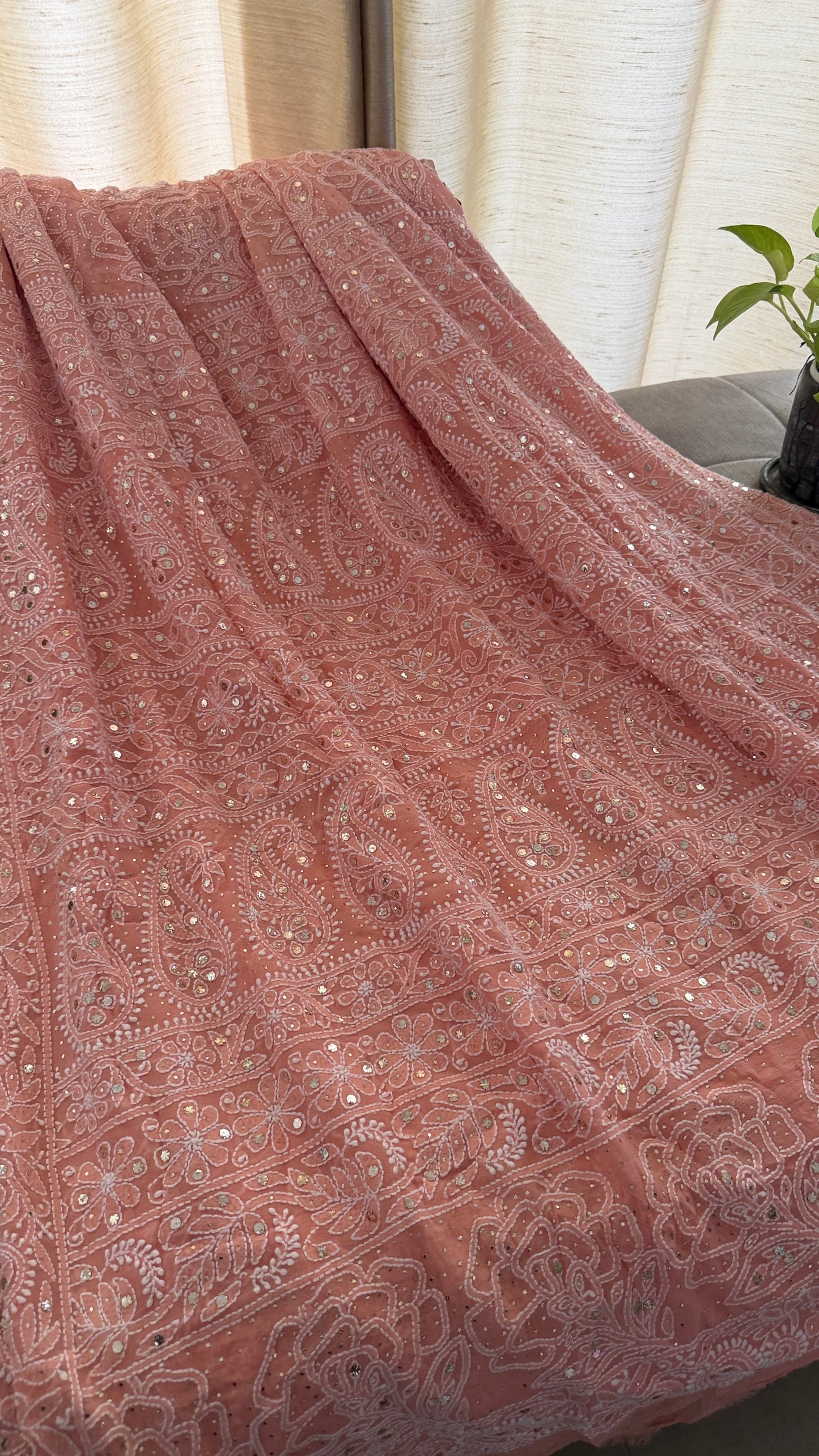 Peach Mukaish Chikankari Saree