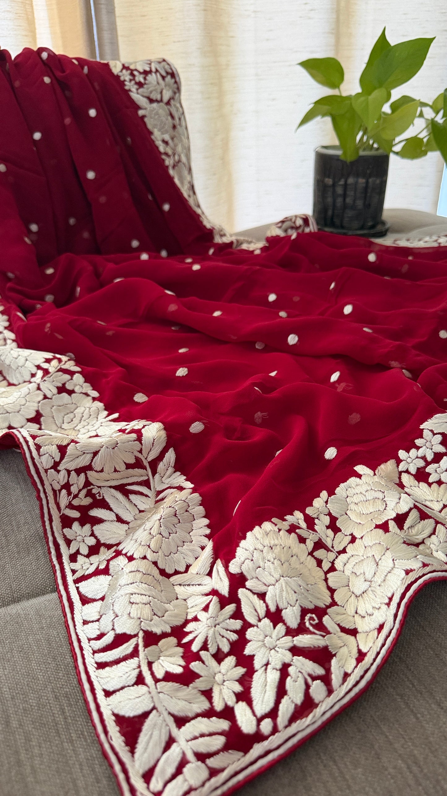 Artisanal Maroon Ivory Floral Parsi Gara Dupatta