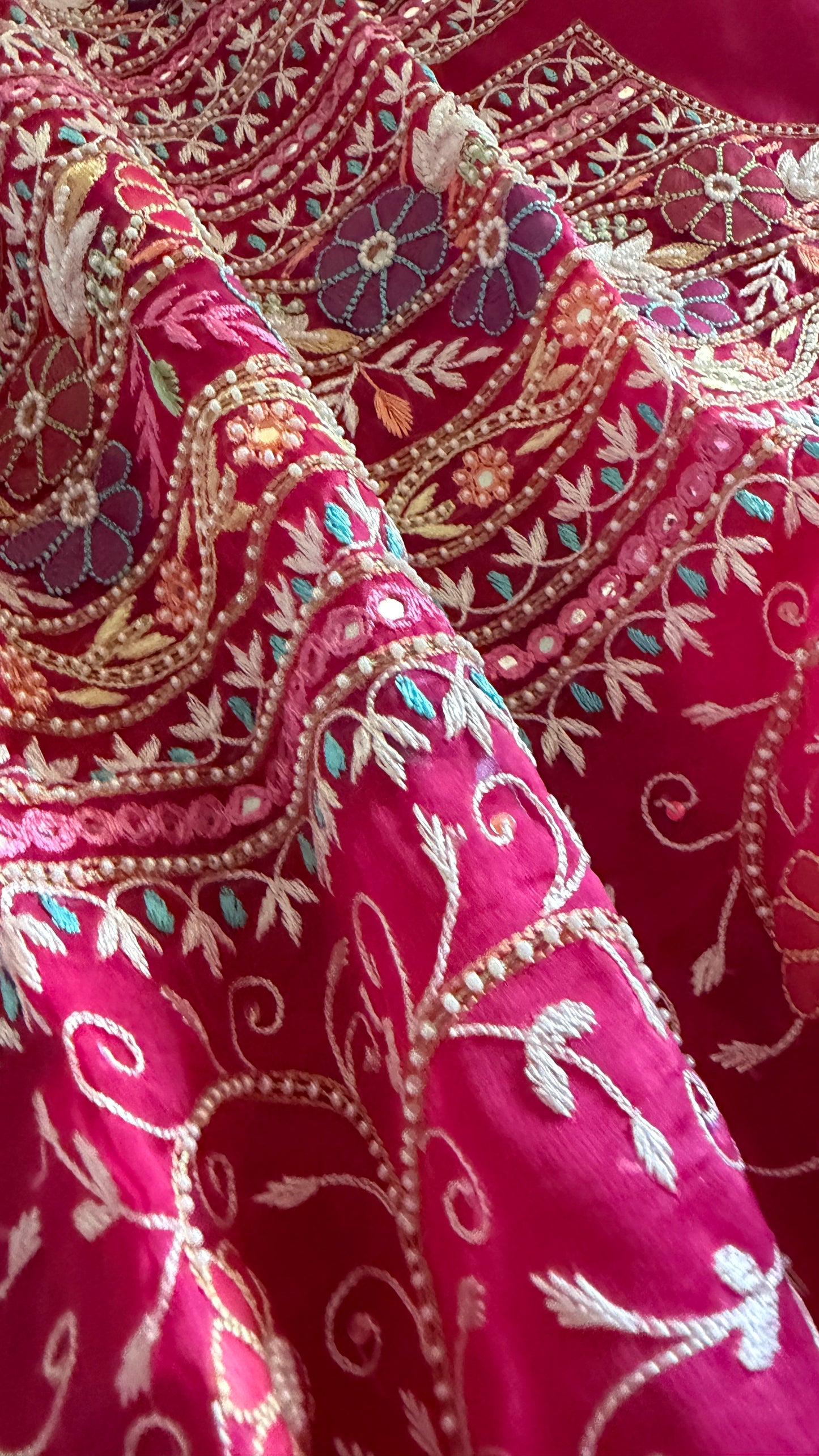 Luxury Pearl Handcrafted Organza Chikankari Suit- Magenta