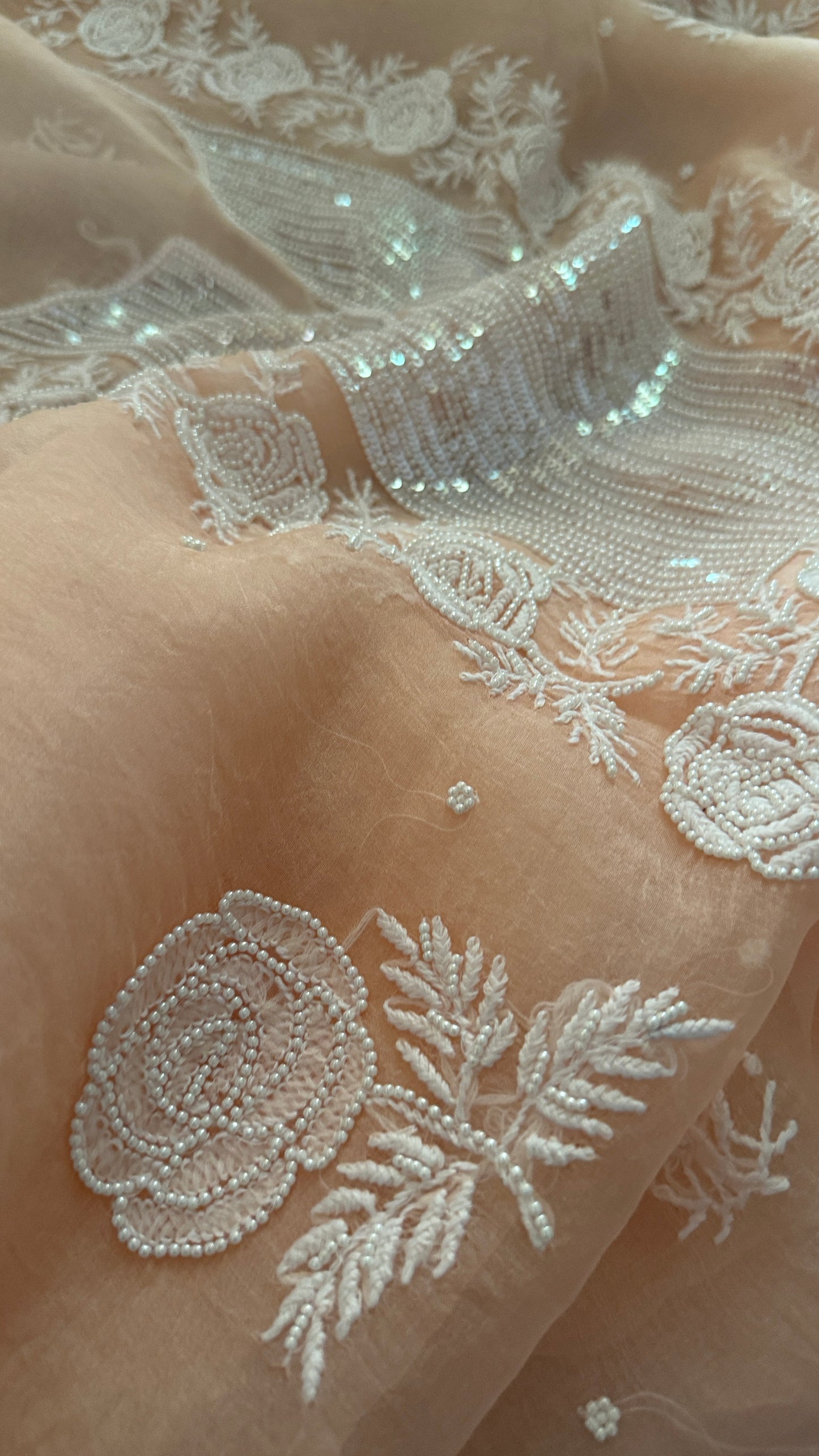 Pearl Embellished Pastel Pink Organza Chikankari Suit