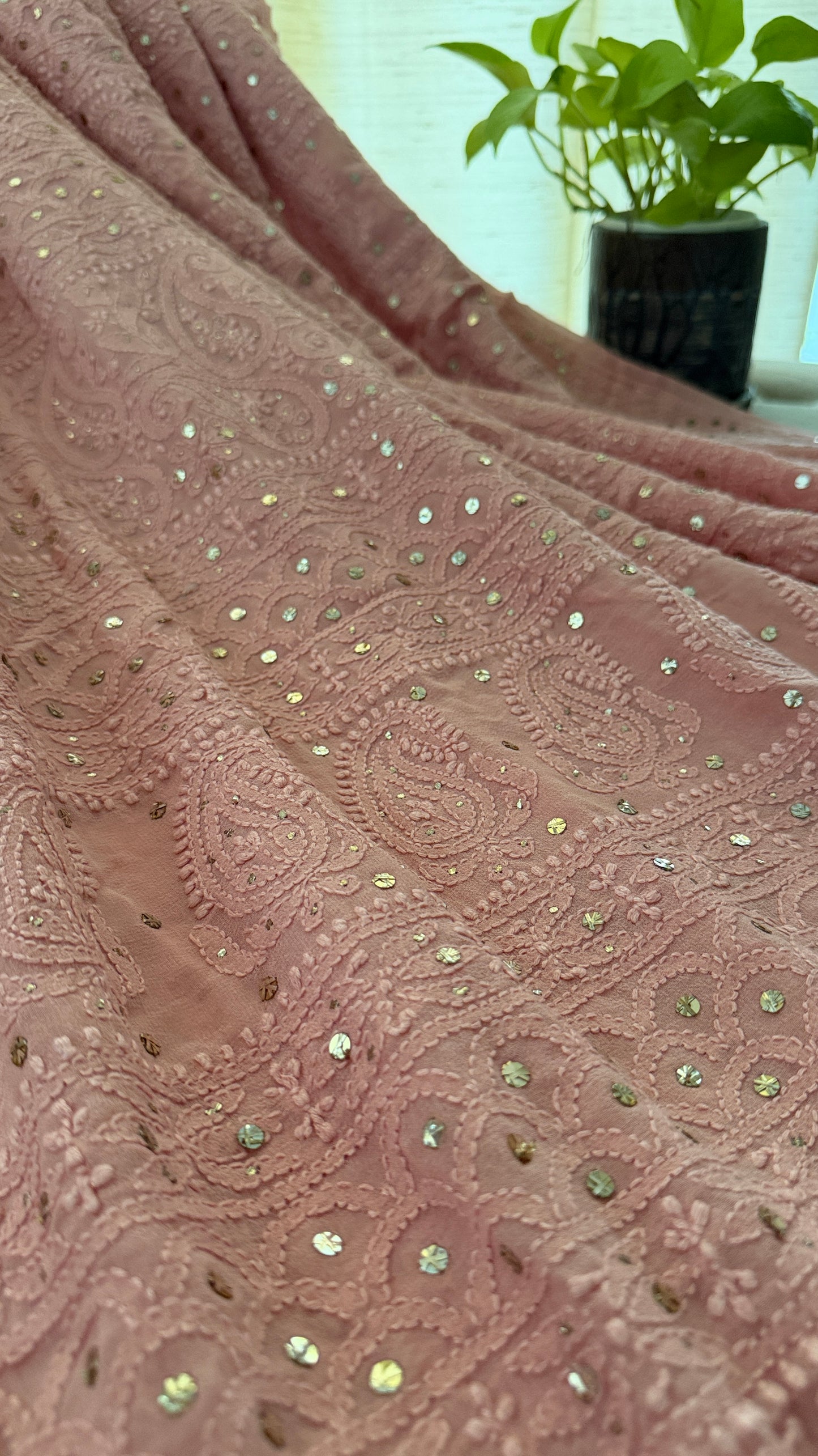 Party Wear Dusty Rose Pink Mukaish Chikankari Saree for Women