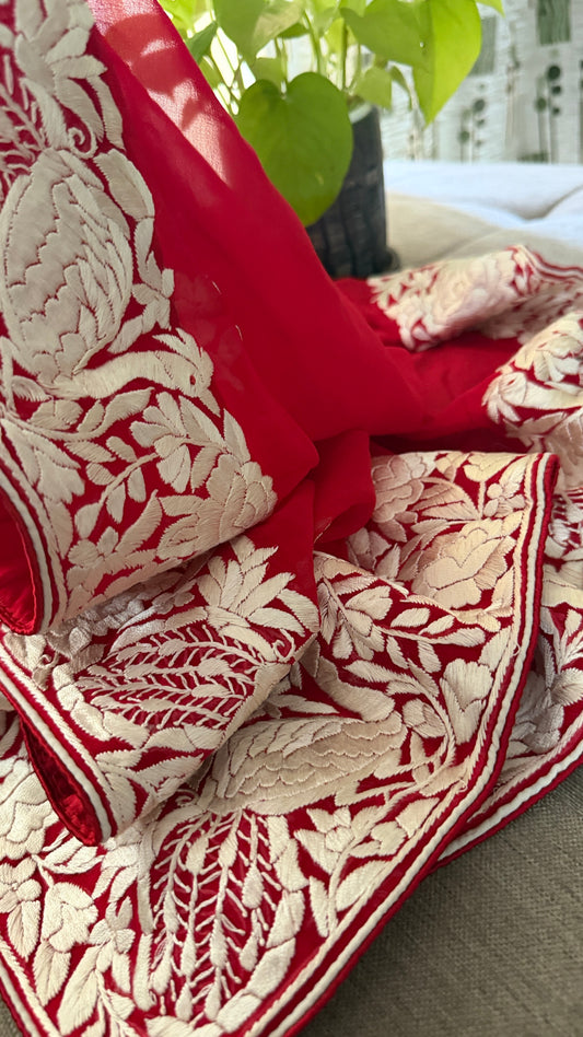Bridal Red Parsi Gara Dupatta