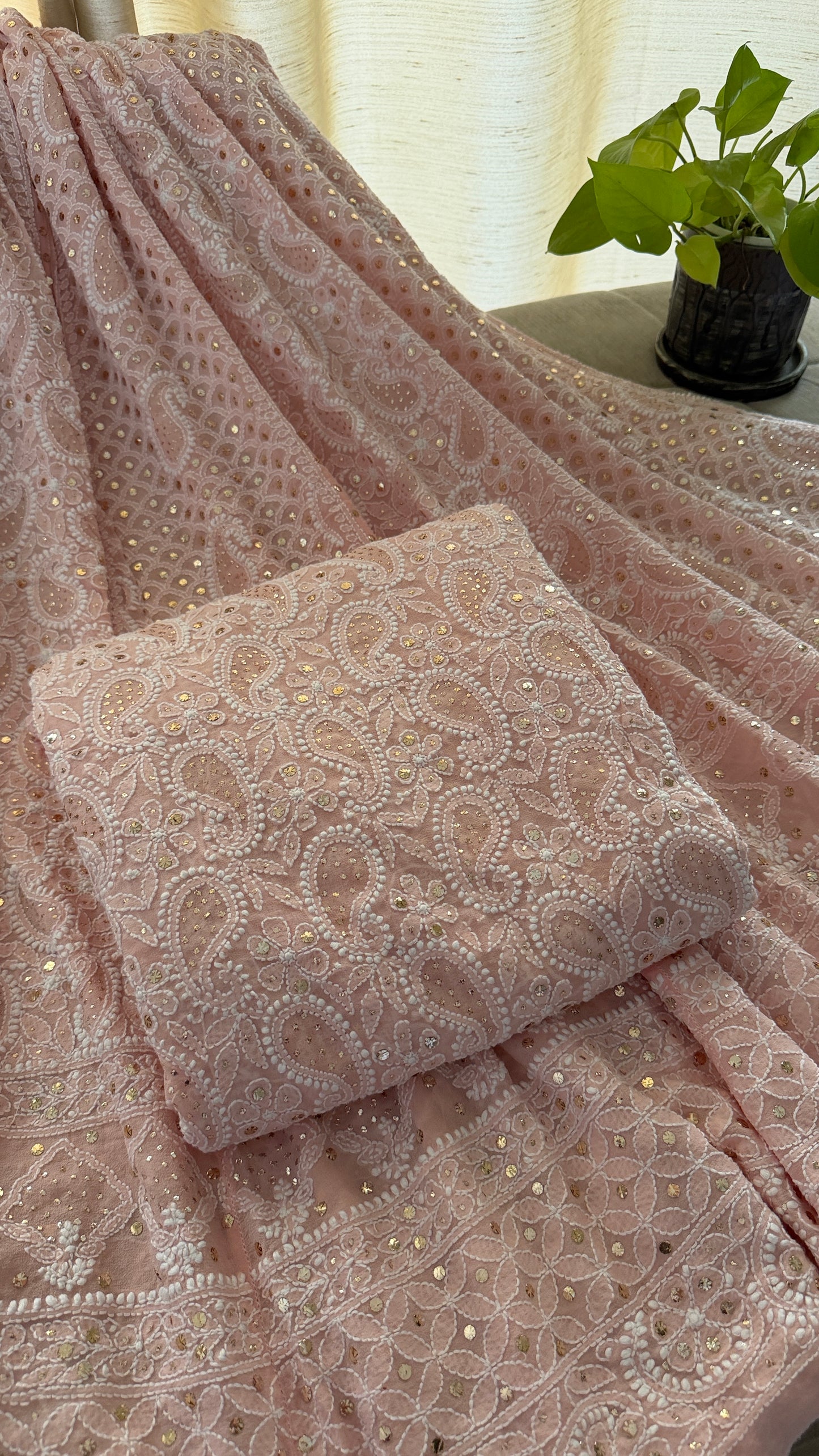 Pastel Pink Mukaish Chikankari Lehenga Set