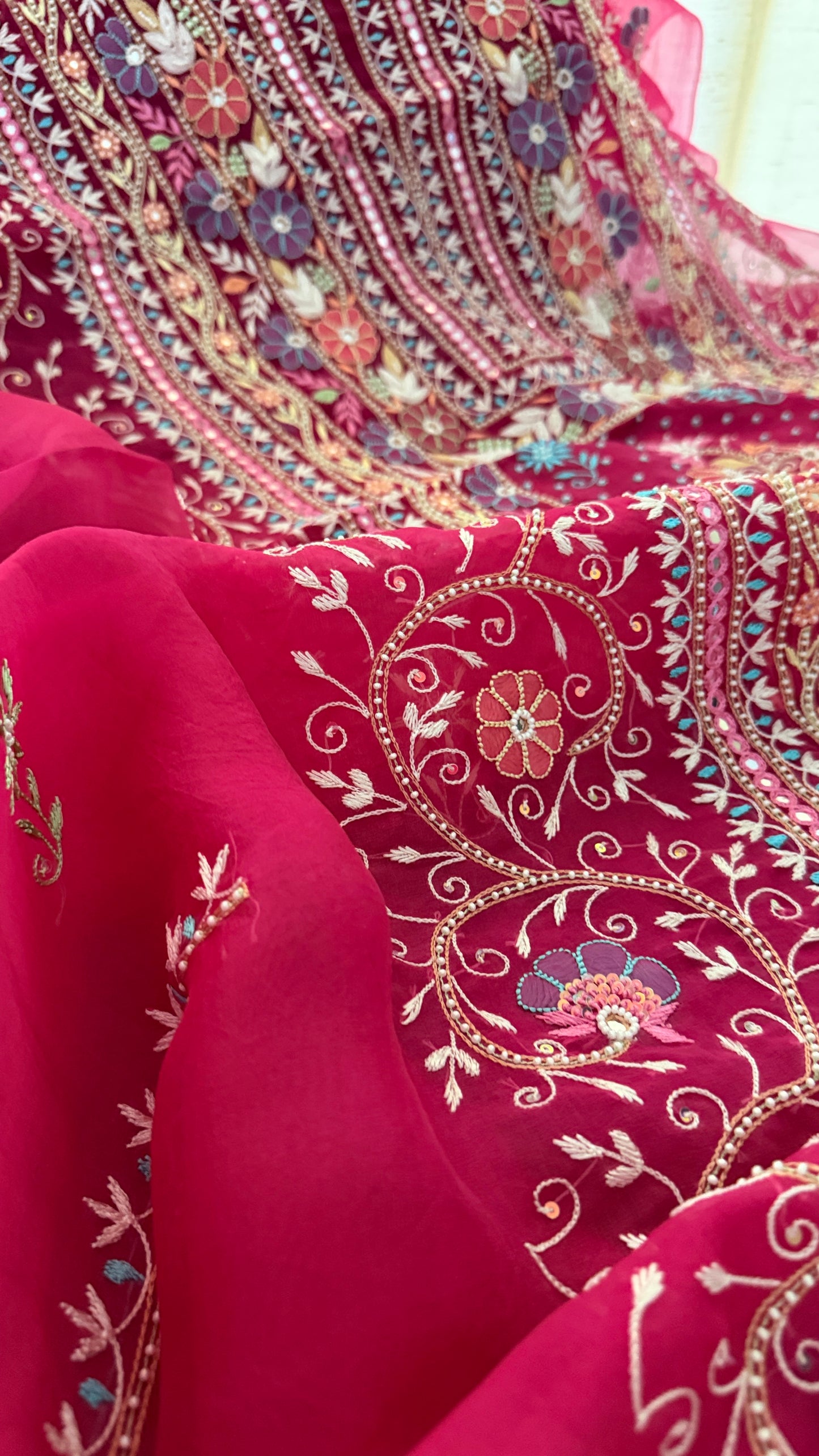 Luxury Pearl Handcrafted Organza Chikankari Suit- Magenta